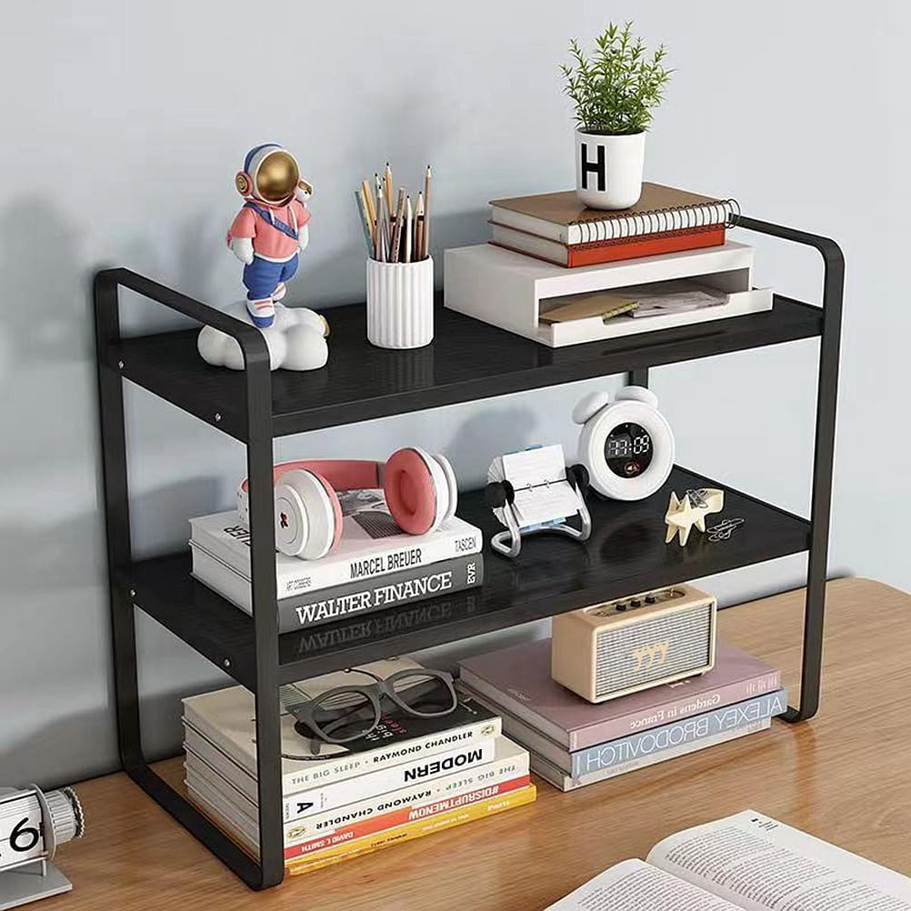 Iron+Wood Student Desktop Clutter Storage Bookshelf, Office Computer Desk Deskt File Organizer Rack 2-Tier Cabinets Shelf (Black, 2-Tier), 014-8 image number 5