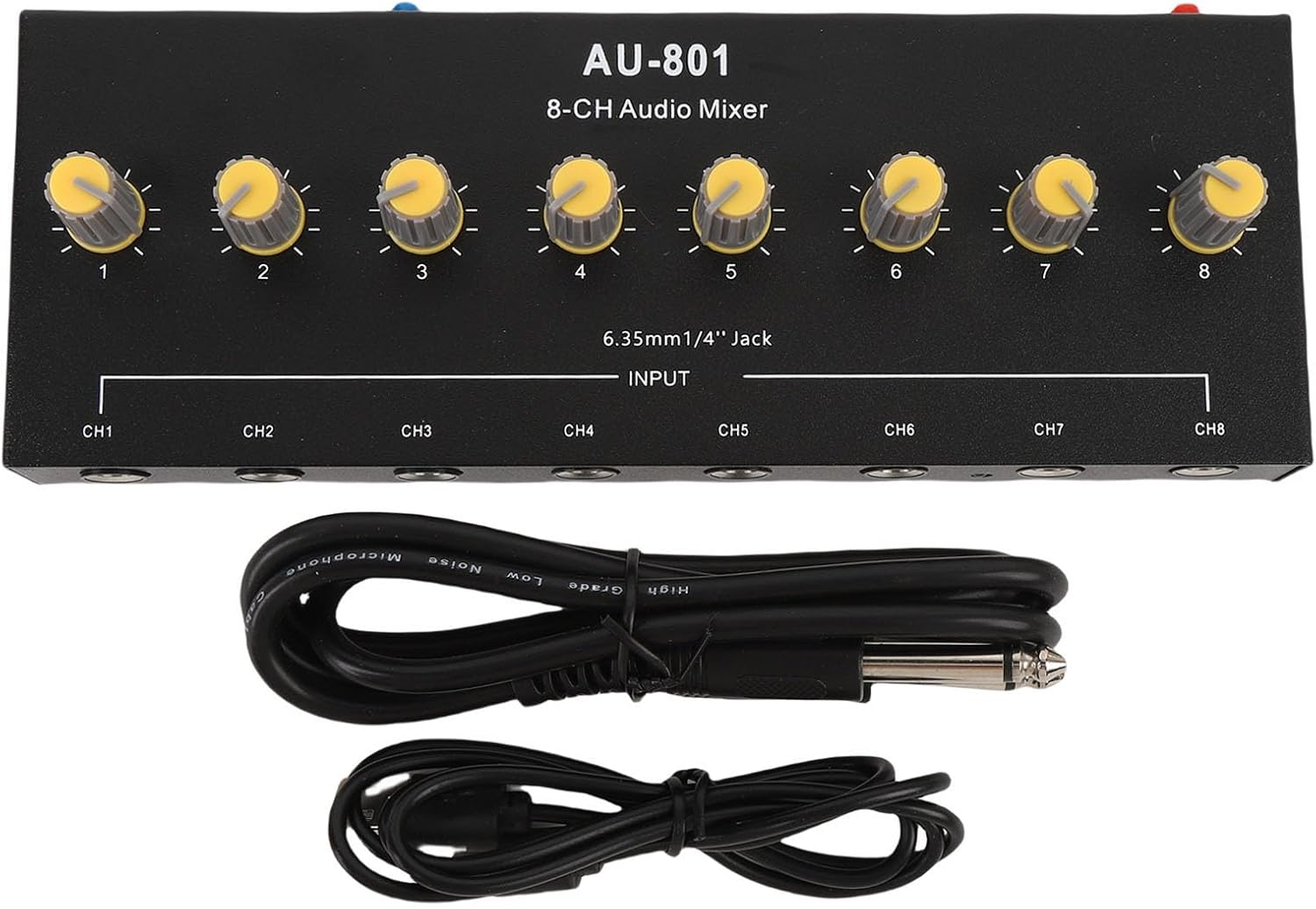 Jiawu Mini Audio Mixer, 8 Channel Stereo Line Mixer, 6.5Mm Independent Microphone Control with Volume Control, Multifunctional for Guitar, Bass, Keyboard, Recording, Streaming