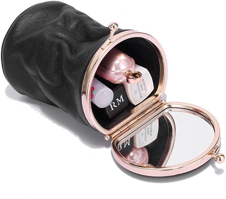 DDPOND Genuine Leather Clutch Cosmetic Bag for Women Lipstick Case Holder with Mirror Kiss Lock Makeup Purse Coin Pouch - Blue image number 5