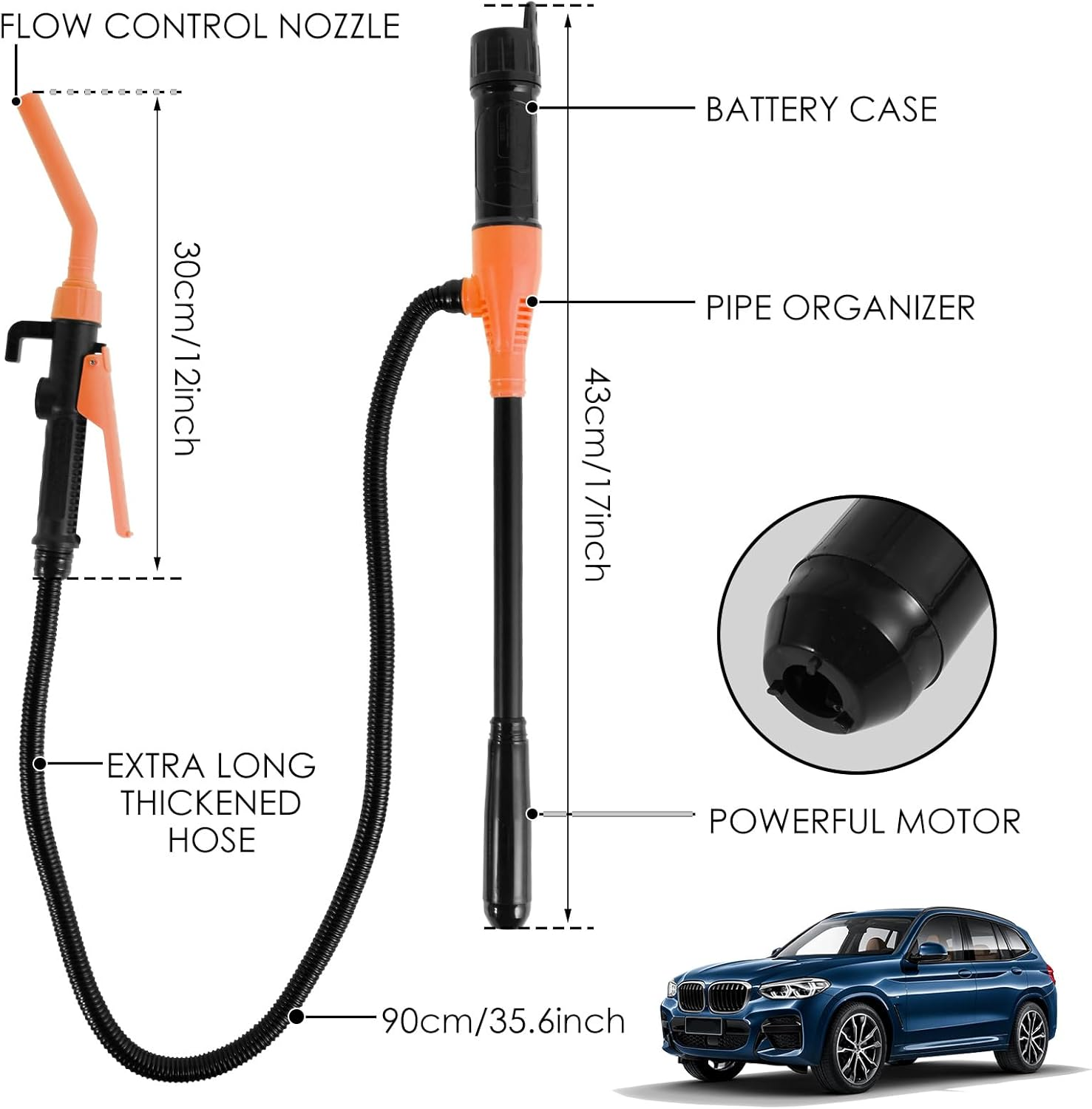 Liquid Transfer Pump Battery Powered Fuel Transfer Pump with Flow Control Nozzle 2.4 Gallons per Min Liquid Transfer Pump Efficient Fuel Transfer Pump for Gas Diesel Kerosene(Orange) - Orange image number 2