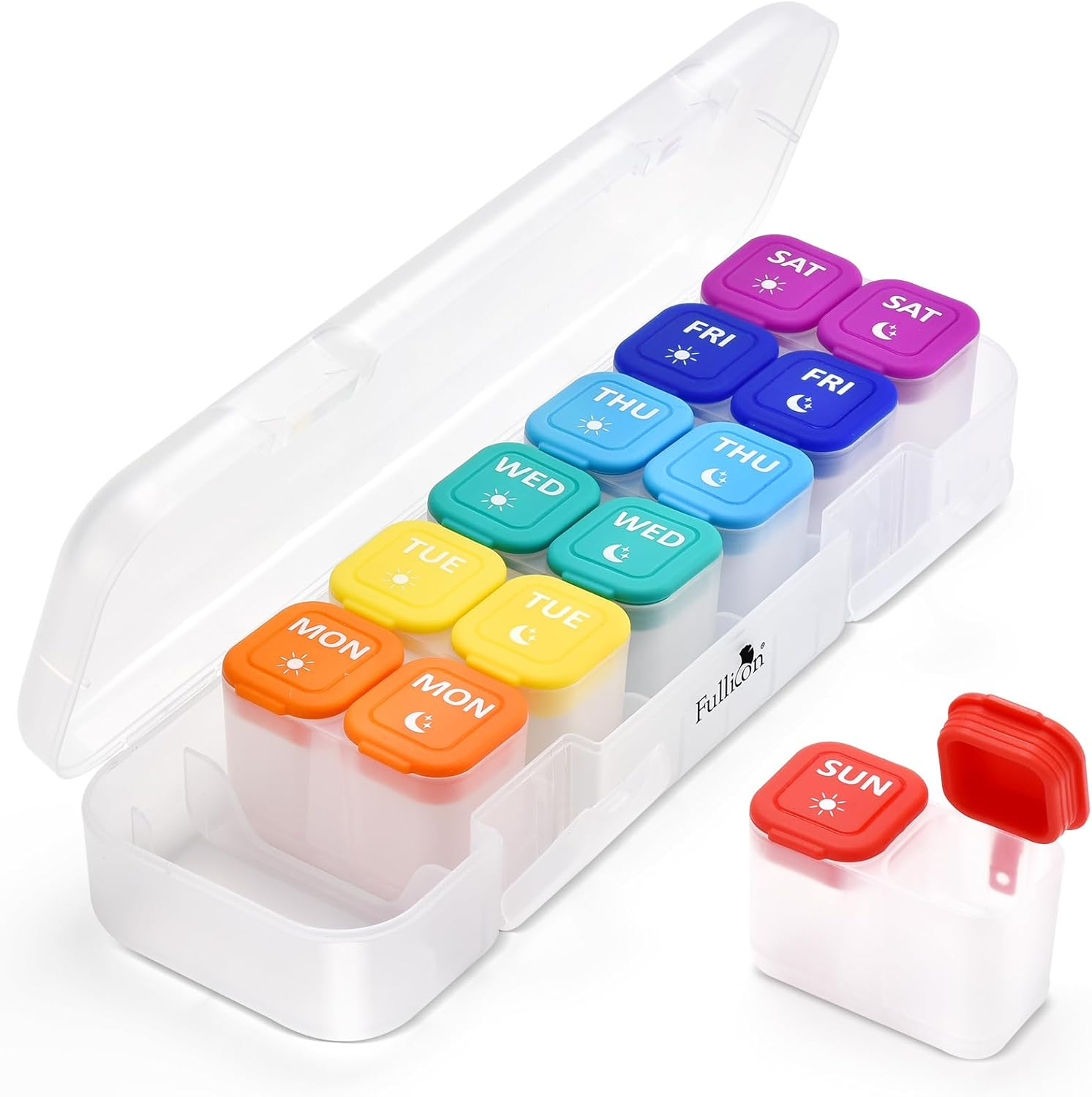 Fullicon Moisture-Proof Pill Organizer 2 Times a Day, Weekly Pill Boxes & Organiser with Silicone Lids, Large Capacity AM PM Pill Organizer 7 Day, Travel Pill Case for Vitamins (Black Rainbow)