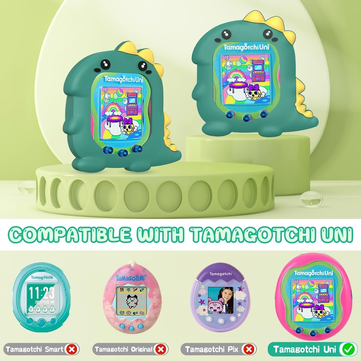 BEARDDO Silicone Case Compatible with Tamagotchi Uni Case, Cute Cartoon Green Dinosaur Virtual Pet Game Machine Protector Cover for Tamagotchi Uni Accessories with Ring Lanyard (Green Dino)