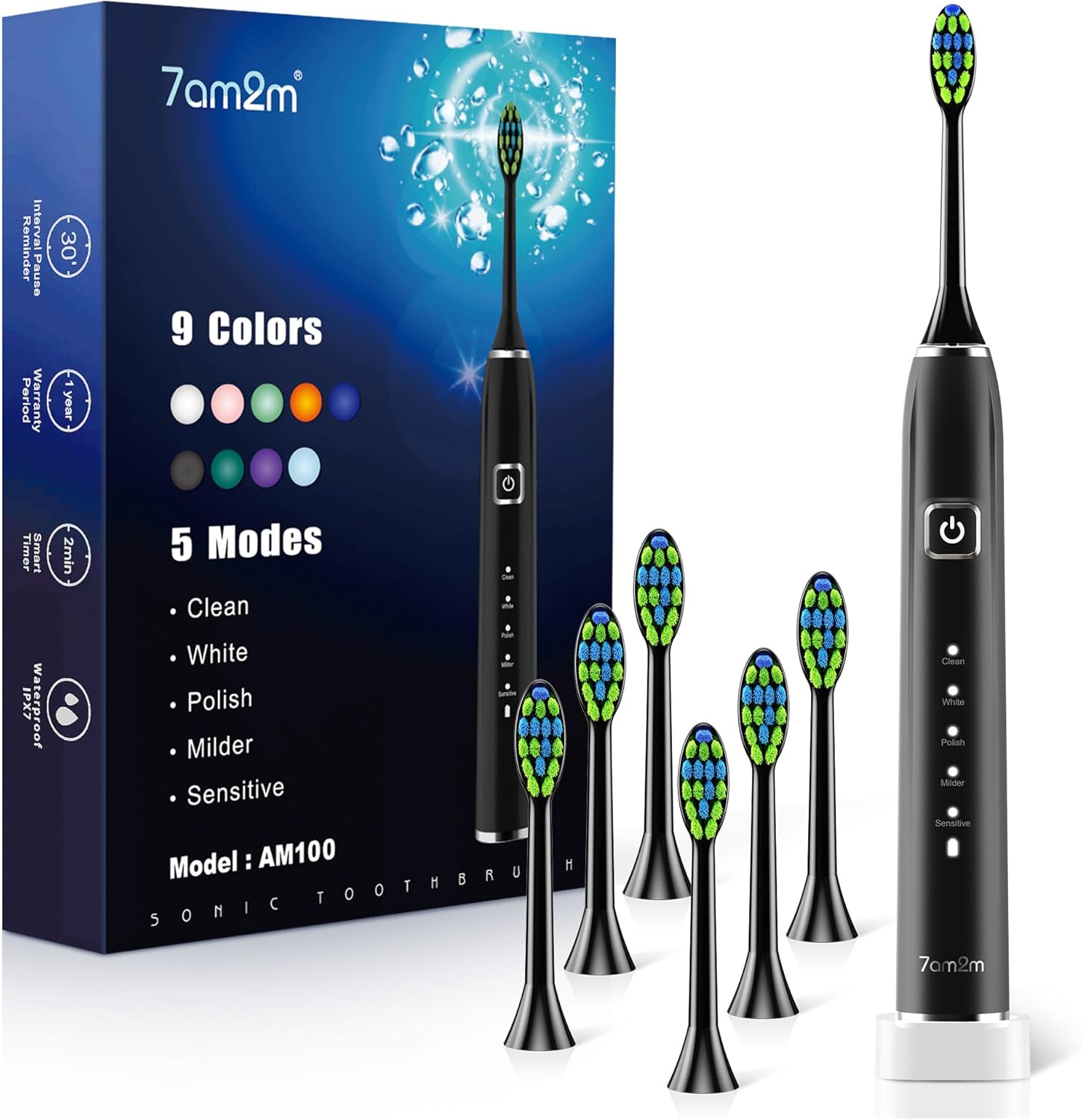 7AM2M Sonic Electric Toothbrush with 6 Brush Heads for Adults and Kids, One Charge for 120 Days, Wireless Fast Charge, 5 Modes with 2 Minutes Built in Smart Timer, Electric Toothbrushes (Black)