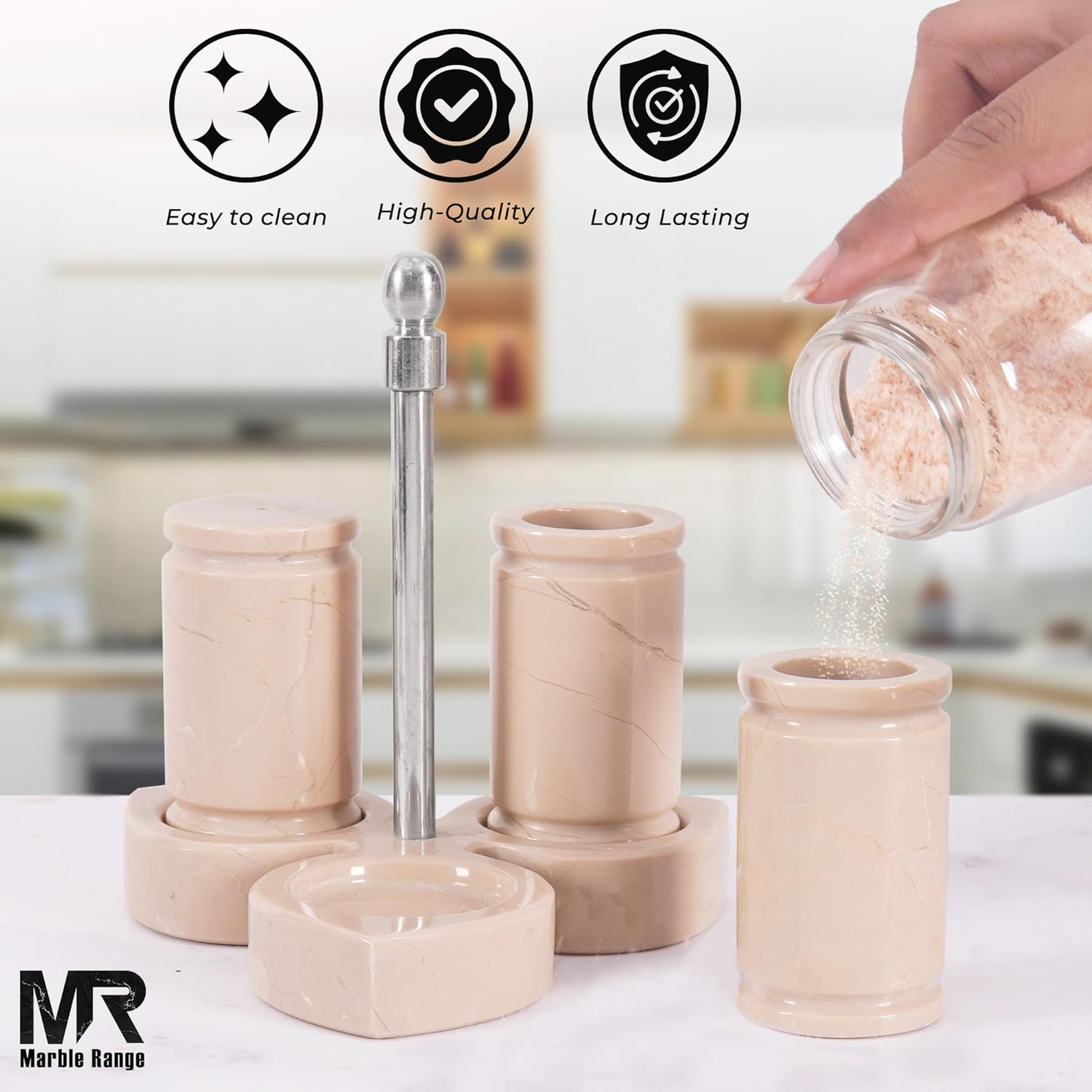 Verona Marble Salt & Pepper Shaker Set with Tray - Green Onyx image number 2