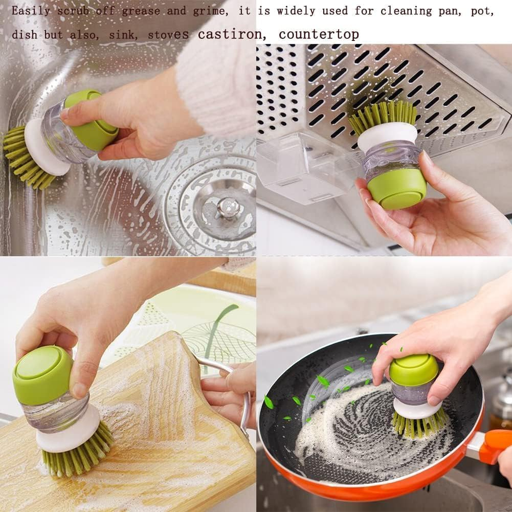 3-In-1 Soap Dispensing Cleaning Palm Brush,1Pc Soap Dispensing Palm Brush,Kitchen Cleaning Brush Liquid Addition Soap Brush,Press Cleaning Brush Kitchen Pot Cleaning Brush with Soap Dispenser,Green