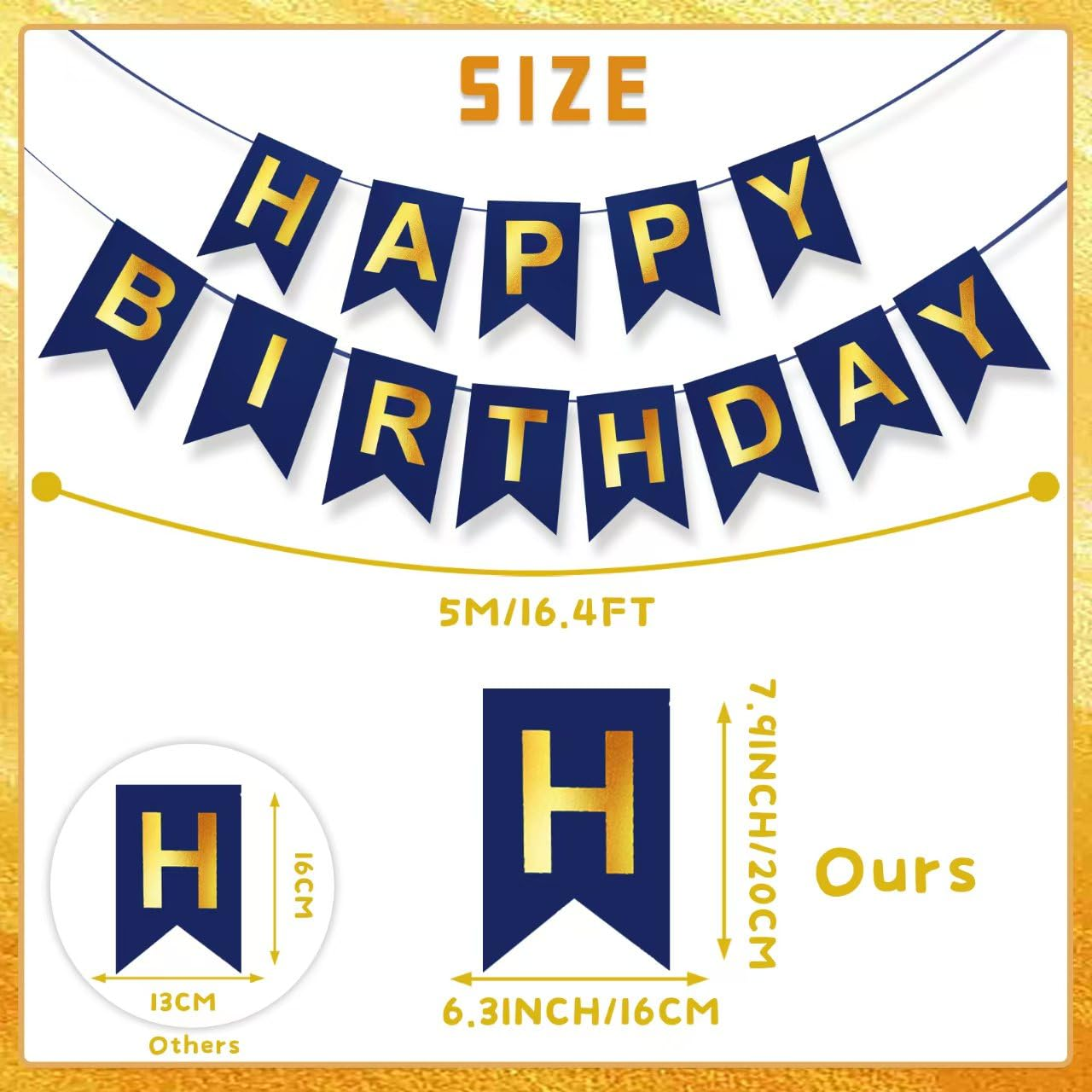 Blue Happy Birthday Banner,Navy Blue and Gold Birthday Party Decorations Sigh for Birthday Decor,Backdrop Birthday Party Supplies,No DIY for Girls Boys Kids and Women Party Hanging(Pre-Strung,16Ft)