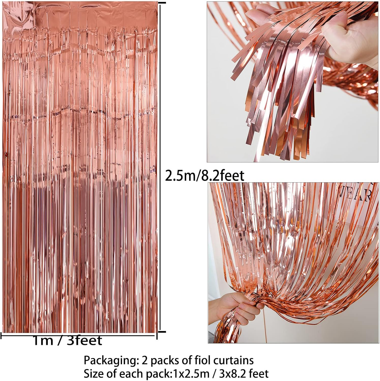 Metallic Tinsel Curtains Rose Gold 2 Packs 3 Ft X 8.2 Ft Foil Fringe Curtains for Photo Backdrop Door Wall Hanging Party Offiice Decoration - Gold image number 3