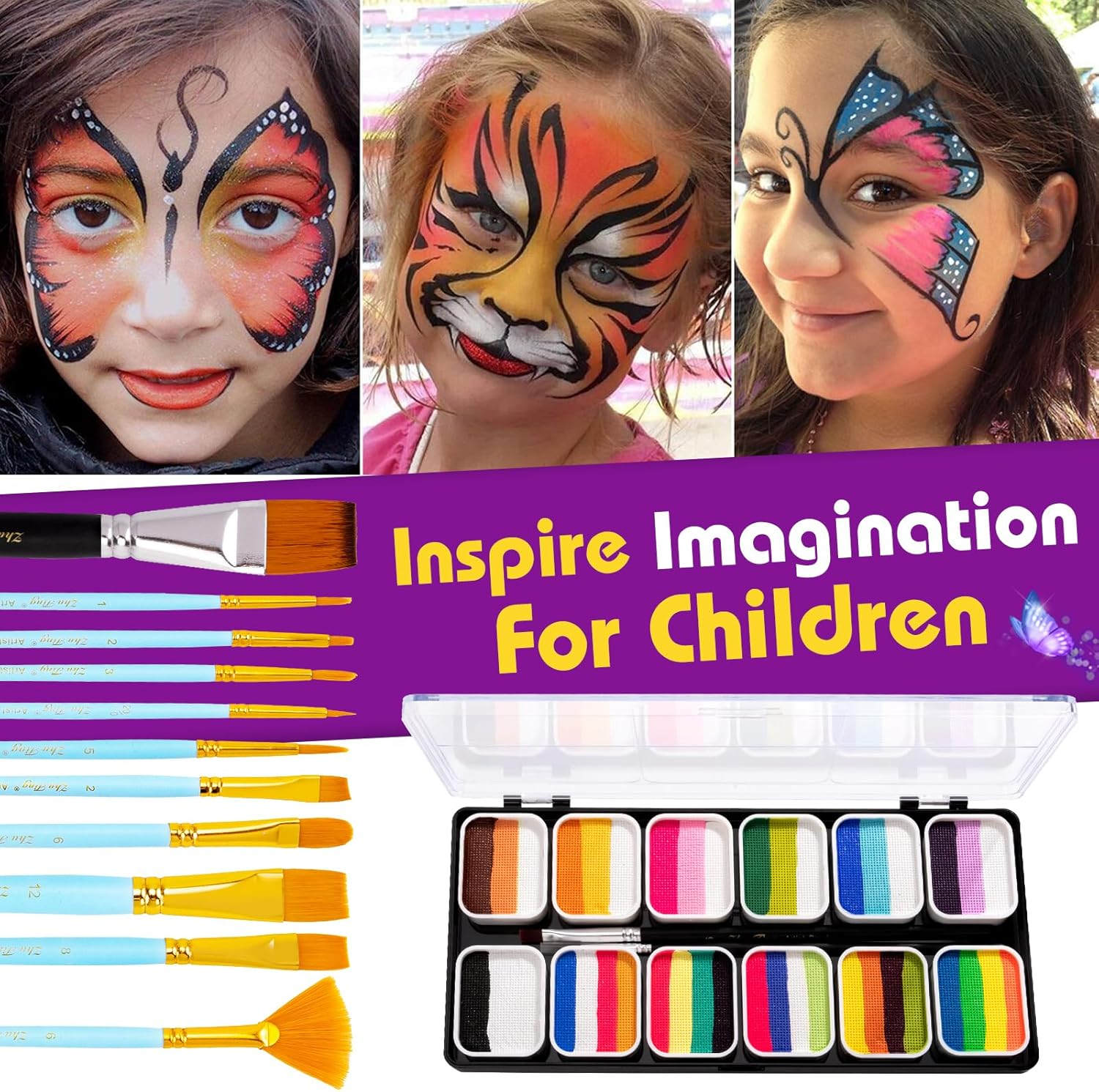 Face Paint Kit-12 Split Cake Palettes Face Painting Kit Professional with Stencils for Kids Adults, Rainbow Non Toxic Water Activated Facepaint Makeup Kit with Brush Set for Party,Halloween,Christmas image number 1