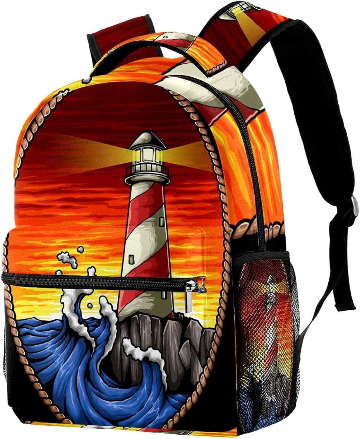 Lighthouse in the Sunset with Wave and Rock Backpack Students Shoulder Bags Travel Bag College School Tote Backpacks image number 1