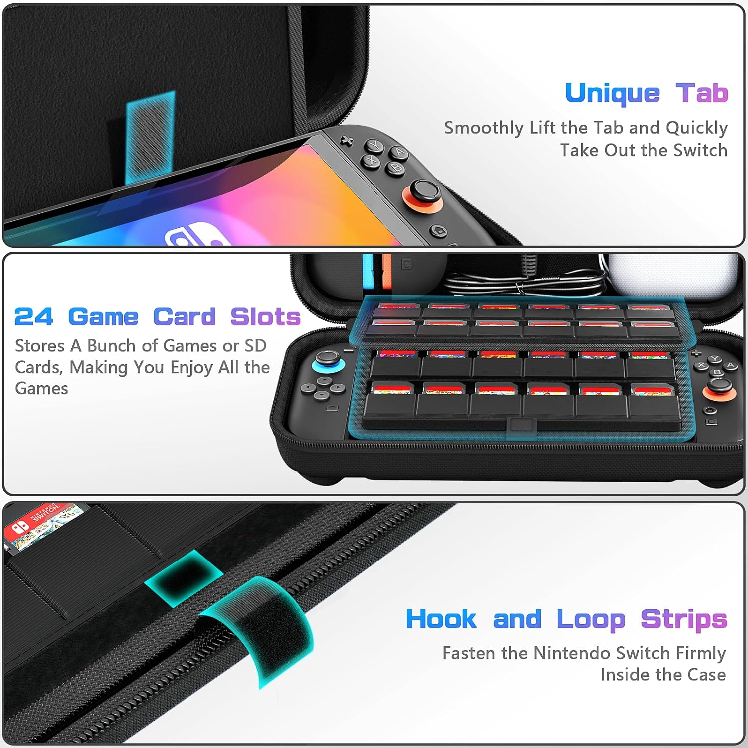 Daydayup Switch Carrying Case Compatible with Nintendo Switch/Switch OLED - 20 Game Cartridges Protective Hard Shell Travel Carrying Case Pouch for Switch Console & Accessories, Black (Nintendo Switch 2 Case) image number 4