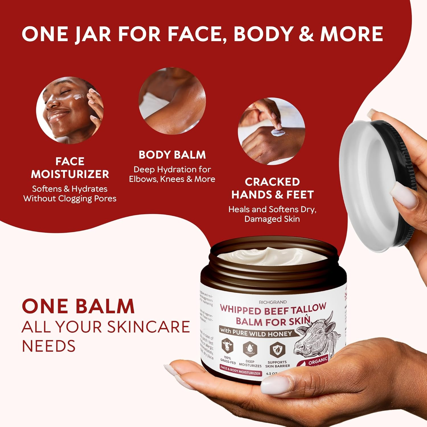 Beef Tallow for Skin - Whipped Grass-Fed Moisturizer with Wild Honey & Beeswax, Natural Face & Body Care, Deep Hydration, Anti-Aging, Sensitive Skin Safe, 100% Organic Balm (4.3 Ounce (Pack of 1))