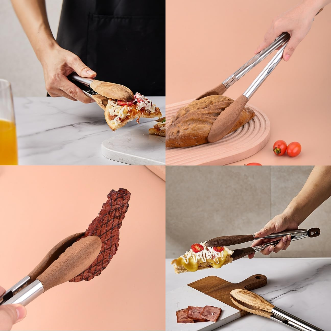 2 Pack Walnut Wooden Kitchen Tongs for Cooking with Wooden Tips - Tongs Ideal for BBQ, Salad, Toaster, Bread & Pickles - Made of Natural Walnut Wood(12 Inch) image number 5