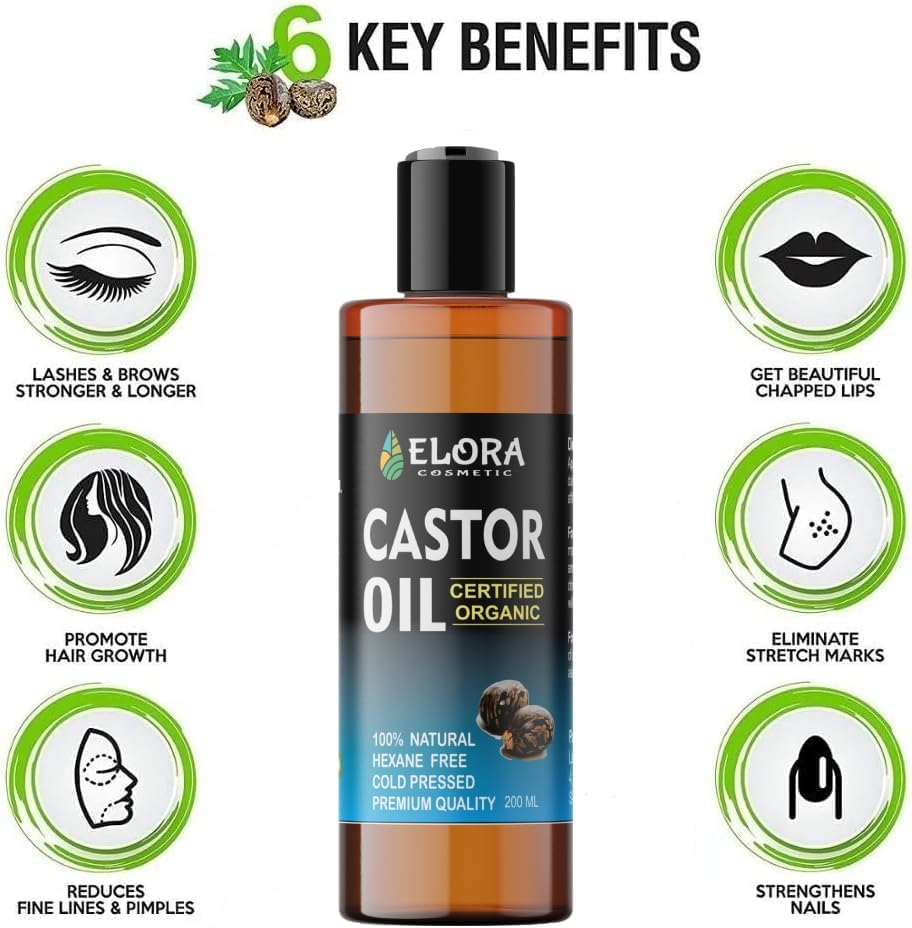 Certified Organic Castor 200ML Oil, Cold-Pressed Castor Oil, Hexane Free, Castor Oil for Hair Growth, Eyebrows, Eyelashes and Dry Skin. Anti-Oxidant Oil for Hair, Skin, Face.(Plastic Bottle) (200 ML) image number 5