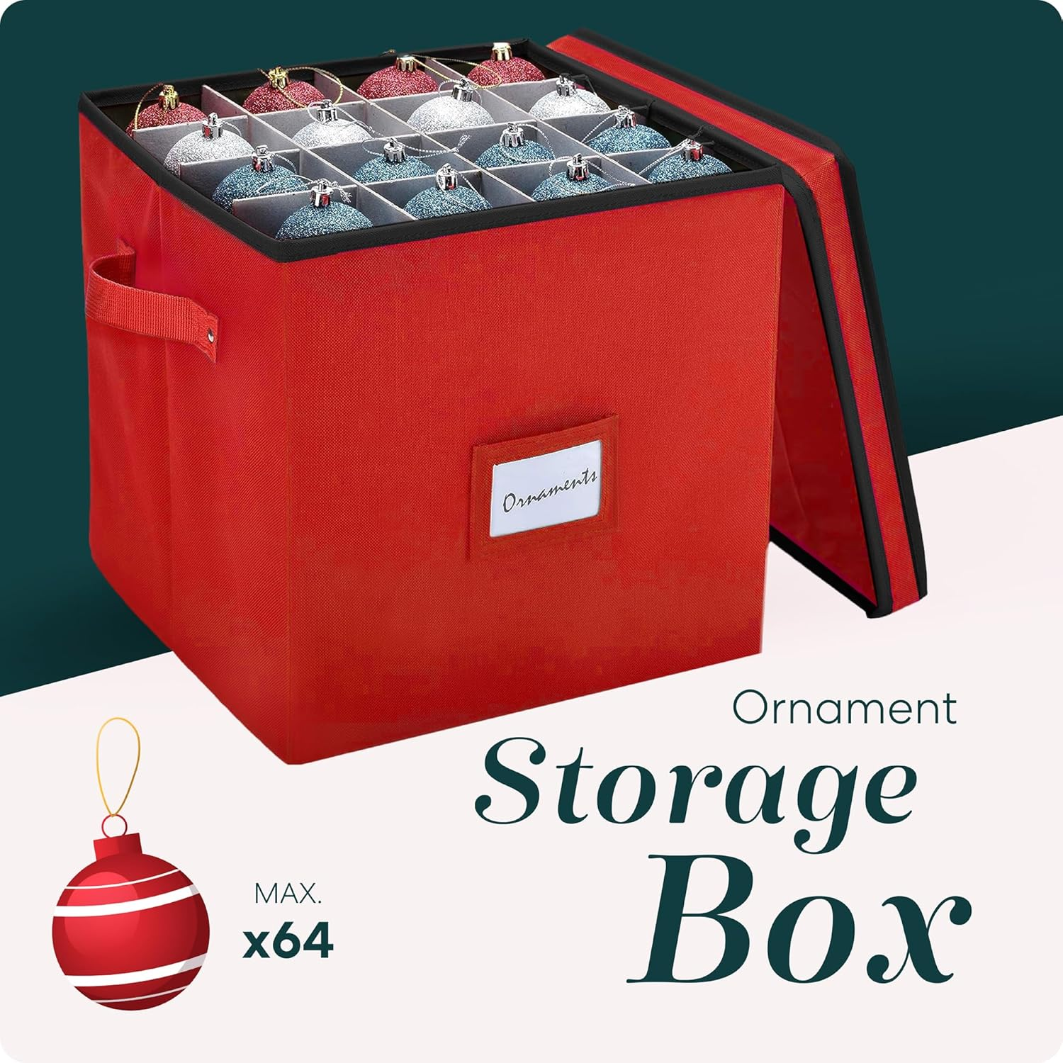 Christmas Ornament Storage - Stores up to 64 Holiday Ornaments, Adjustable Dividers, Covered Top, Two Handles. Attractive Storage Box Keeps Holiday Decorations Clean and Dry for Next Season. (Red)