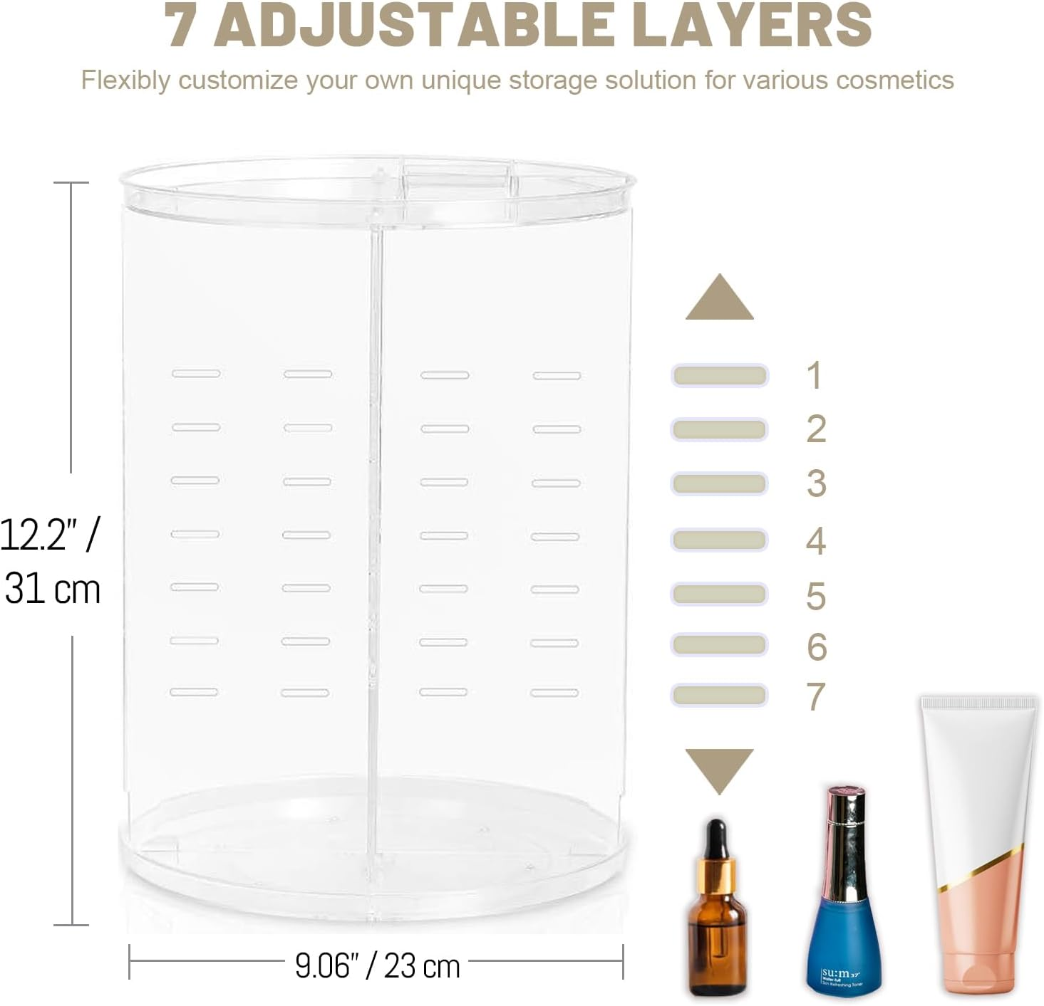 VNIMTI 2 Pack Rotating Makeup Organizer for Vanity, Large Cpacity Cosmetic & Skincare Organizers, Clear Makeup Holder for Countertop， Dresser and Bathroom, Adjustable Trays, 360 Degree Spinning image number 3