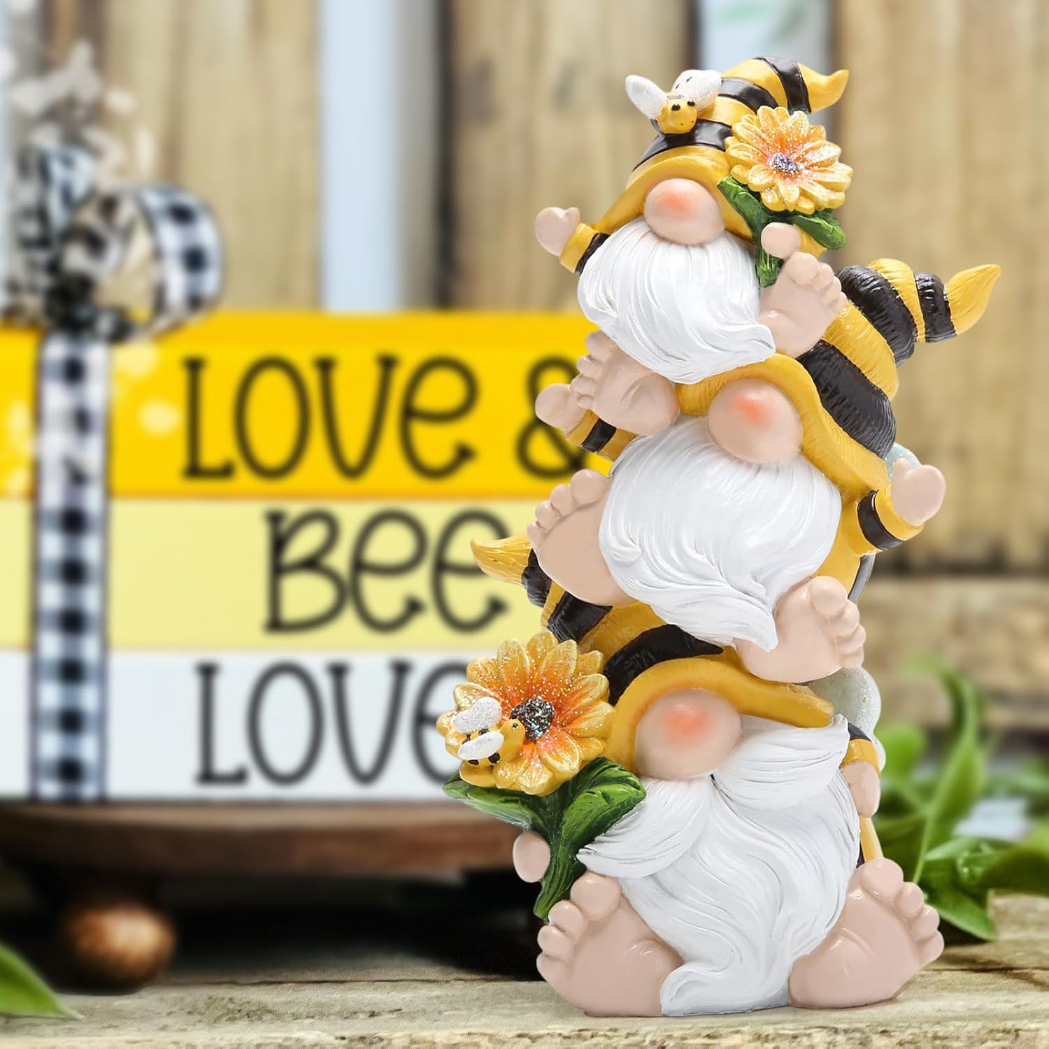 Hodao Summer Bee Gnome Decorations Indoor Home Table Decor Cute Stacked Bee Gnome Figurines Gifts -Swedish Dwarf Elf Figurines Summer Garden Honey Bees Gnomes Decorations (Bee1) image number 1