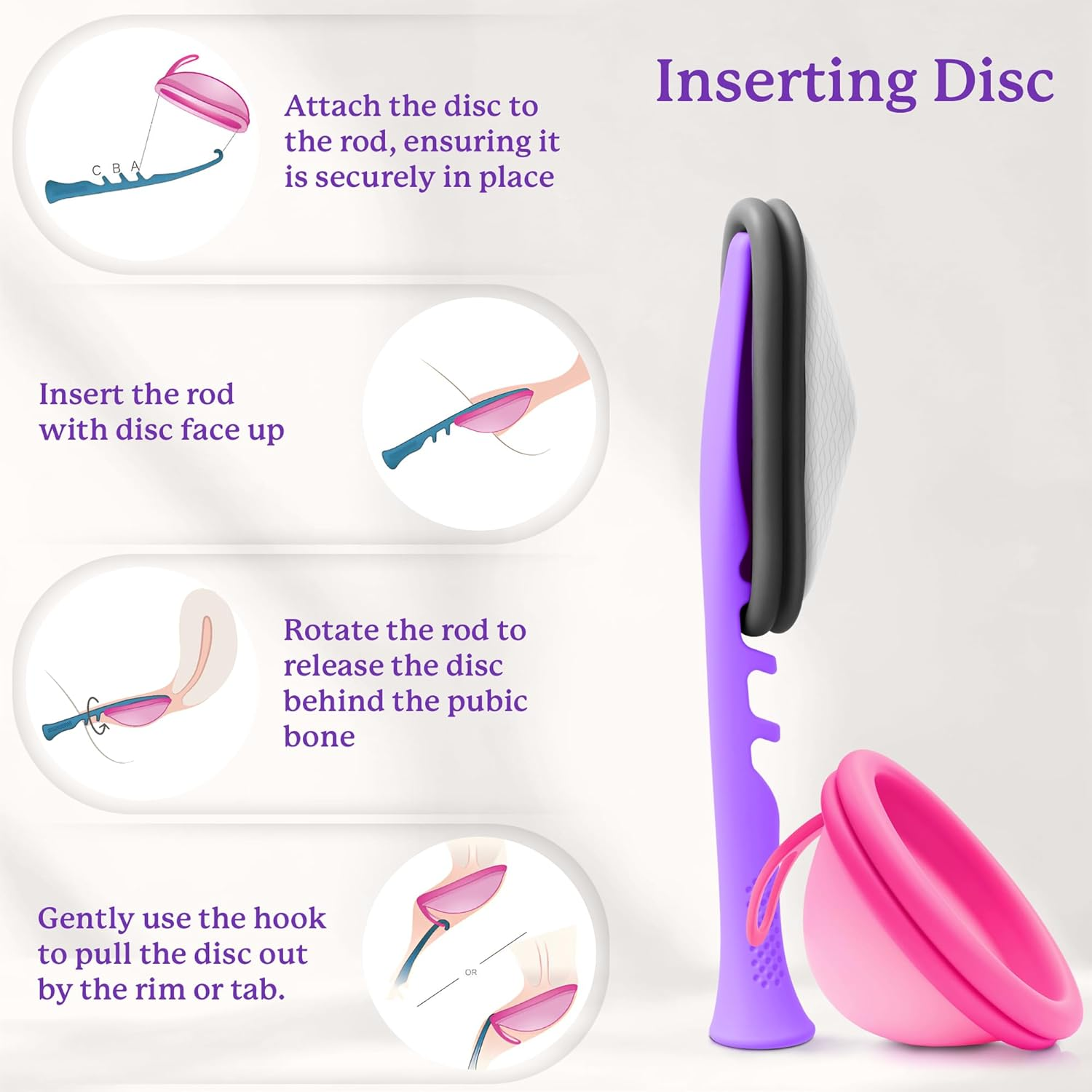 Ecoblossom Menstrual Cup & Disc Applicator Tool - Comfortable & Easy Insertion & Removal - Compatible with Most Period Cups and Discs (Purple) - Purple image number 5