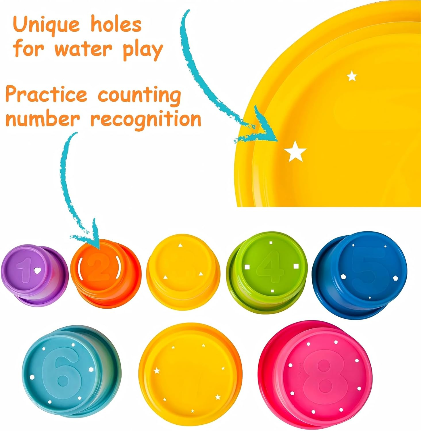 Stacking Cups, Baby Toys for Toddlers 1-3 Year Old Stack and Count, Multicolour Baby Stacking Water Set, Stackable Cup for Learning, Toddler Cups Water Table Toy, Baby Bath Toy (8 Count) image number 5