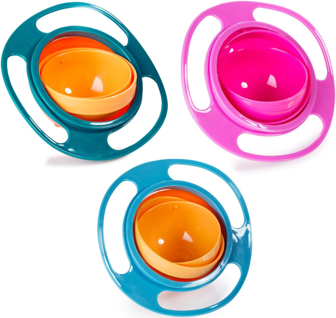 Berry President(Tm) Set of 3: Magic Bowl 360 Degree Rotation Spill Resistant Gyro Bowl with Lid for Toddler Baby Kids Children, Orange+Blue+Green image number 2