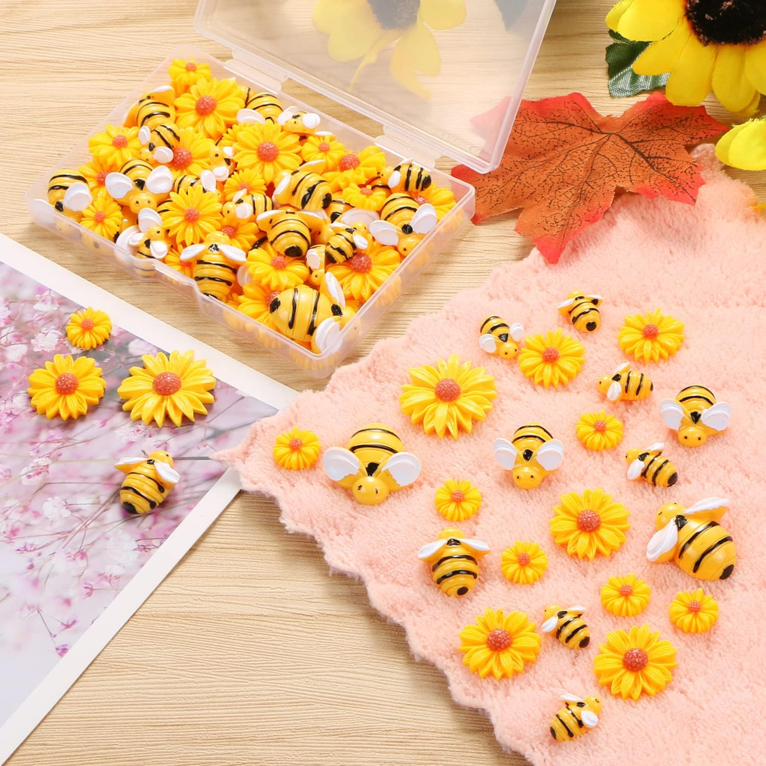 CCOZN 80 Pieces Tiny Resin Bees Daisy Flowers, Flatback Daisy Flowers Bumble Bees Embellishment Bee Decors with Box DIY Wreath Cake Decorations Flowers Bee for Crafts Two Groovy Party Decor image number 6