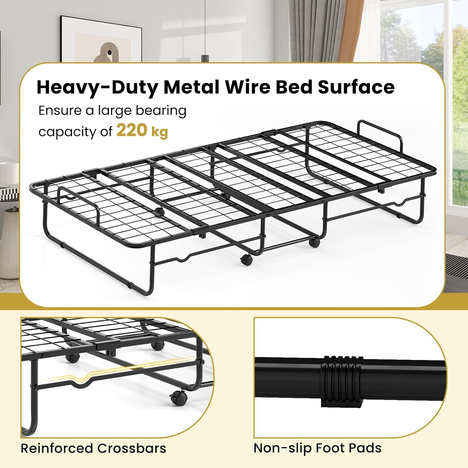 Giantex Folding Bed, Rollaway Guest Bed with Memory Foam Mattress & Heavy-Duty Metal Frame, Portable Sleeper Bed with Lockable Wheels for Guest Room, Apartment image number 3