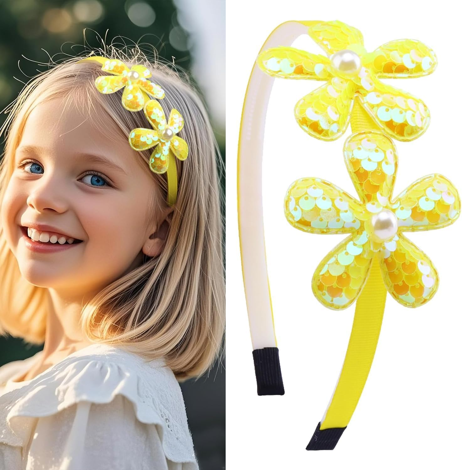 Yellow Flower Headband,Spring Summer Hairband for Women,Yellow Glitter Floral Hair Hoop,Non-Slip Headpiece Hair Accessories for Birthday (Yellow, One Size) image number 6