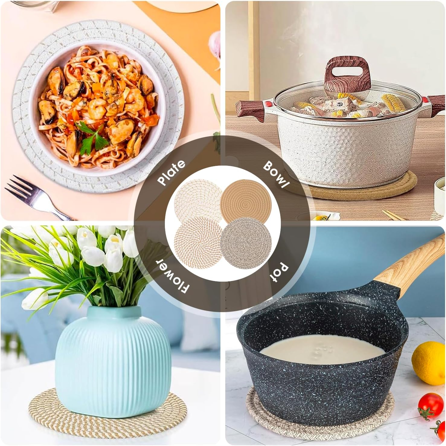 Chamgeco 10-Inch Woven Table Mats Placemats Trivets, 4PCS Heat-Resistant Cotton Braided Pot Holders Non-Slip Hot Pads for Hot Dishes Pans, Kitchen Countertops,Tables, Home Kitchen Essentials(Color 2) - Color 1 image number 6