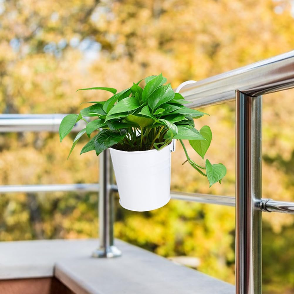 Yardwe 4 Pcs Hanging Flower Pots Metal Iron Balcony Planter Pots Wall Planter Bucket Flower Holders with Detachable Hooks, White image number 3