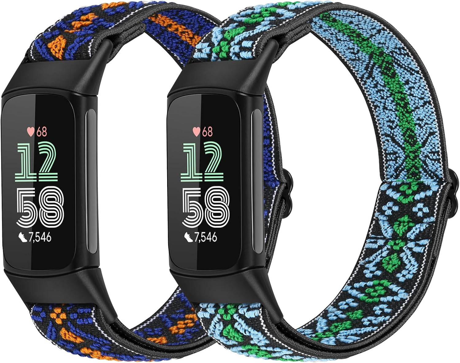 2 Pack Elastic Nylon Bands Compatible with Fitbit Charge 5/Charge 6 Adjustable Breathable Replacement Straps Soft Nylon Loop for Women Men - Black+Indigo image number 6