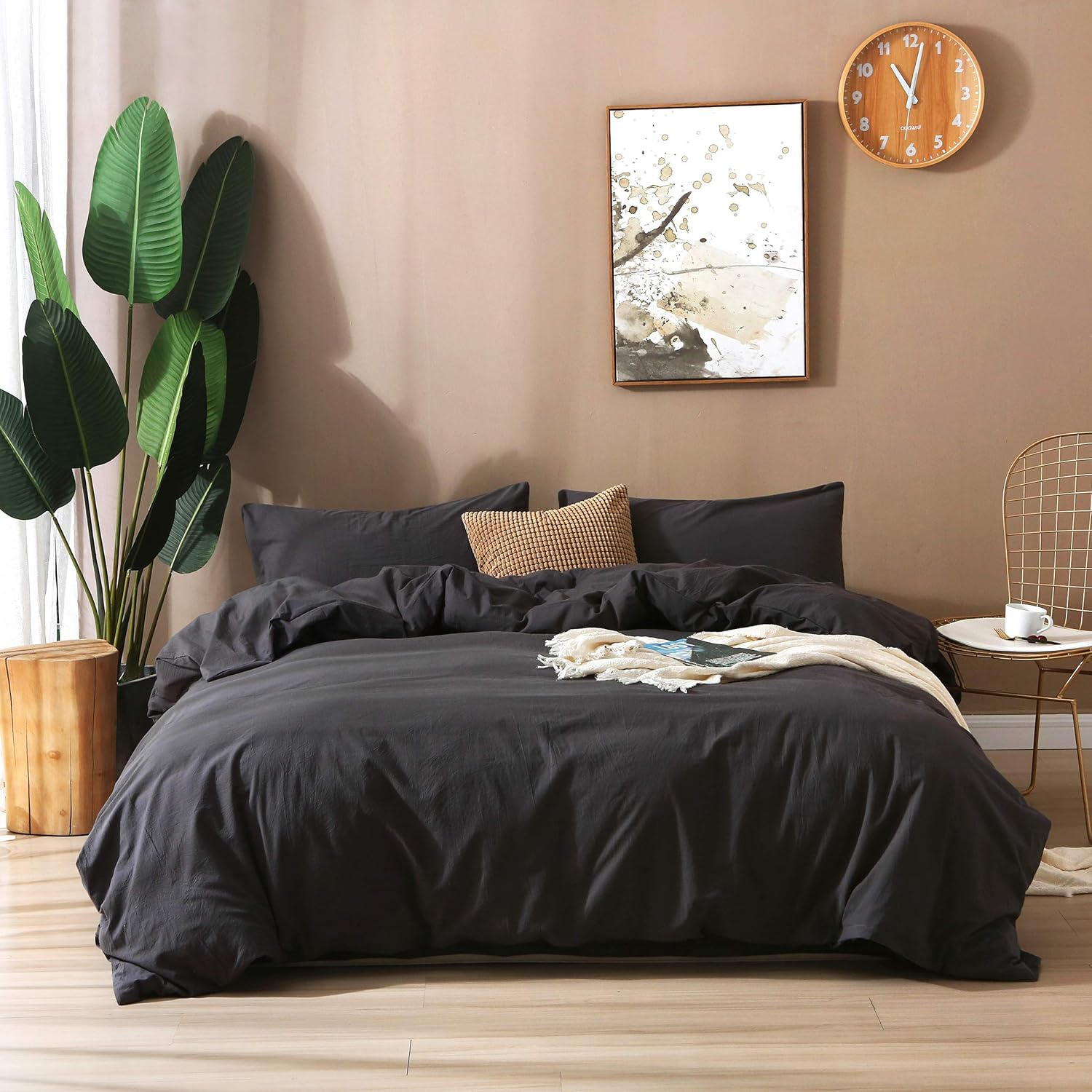 F.Y.Dreams 100% Washed Cotton Duvet Cover for Weighted Blanket 60X80 Inches with 8 Ties, Zipper on Long Side/Black Grey/Just Duvet Cover