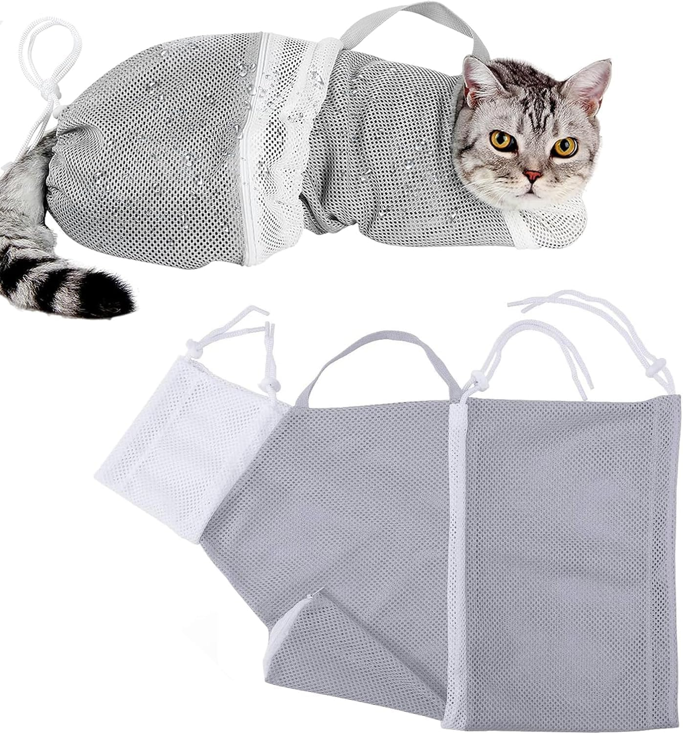 Adjustable Cat Bathing Shower Bag, 1Pc Anti-Bite & Anti-Scratch Cat Bath Washing Restraint Bag, Breathable Mesh Cat Grooming Bag for Shower, Grey image number 5