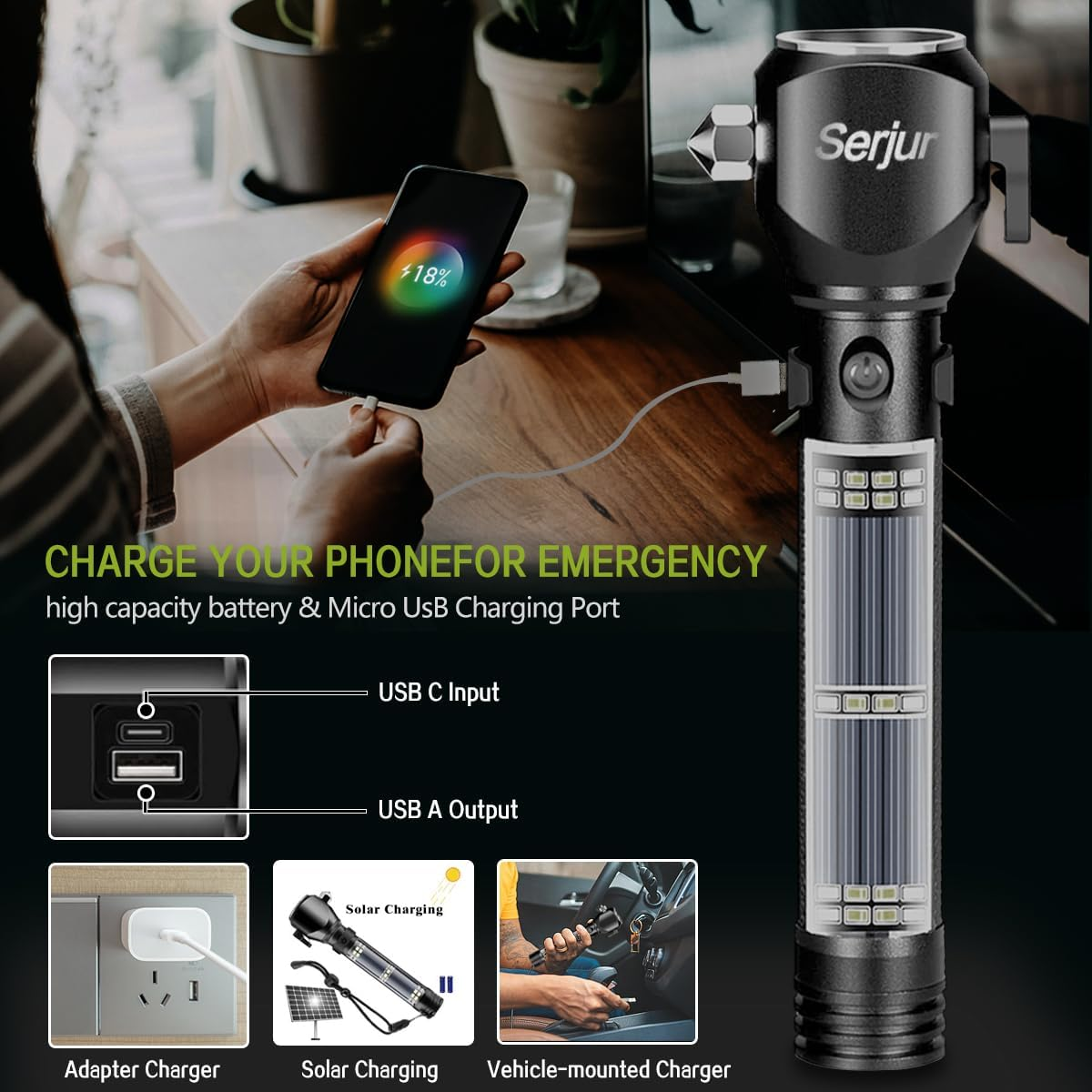 Serjur Rechargeable Solar Powered Flashlight,Multi Function LED Tactical Flashlight with Glass Breaker,Seatbelt Cutter,Alarm and Phone Charger,Powerful Handheld Flashlights for Emergencies Camping image number 4