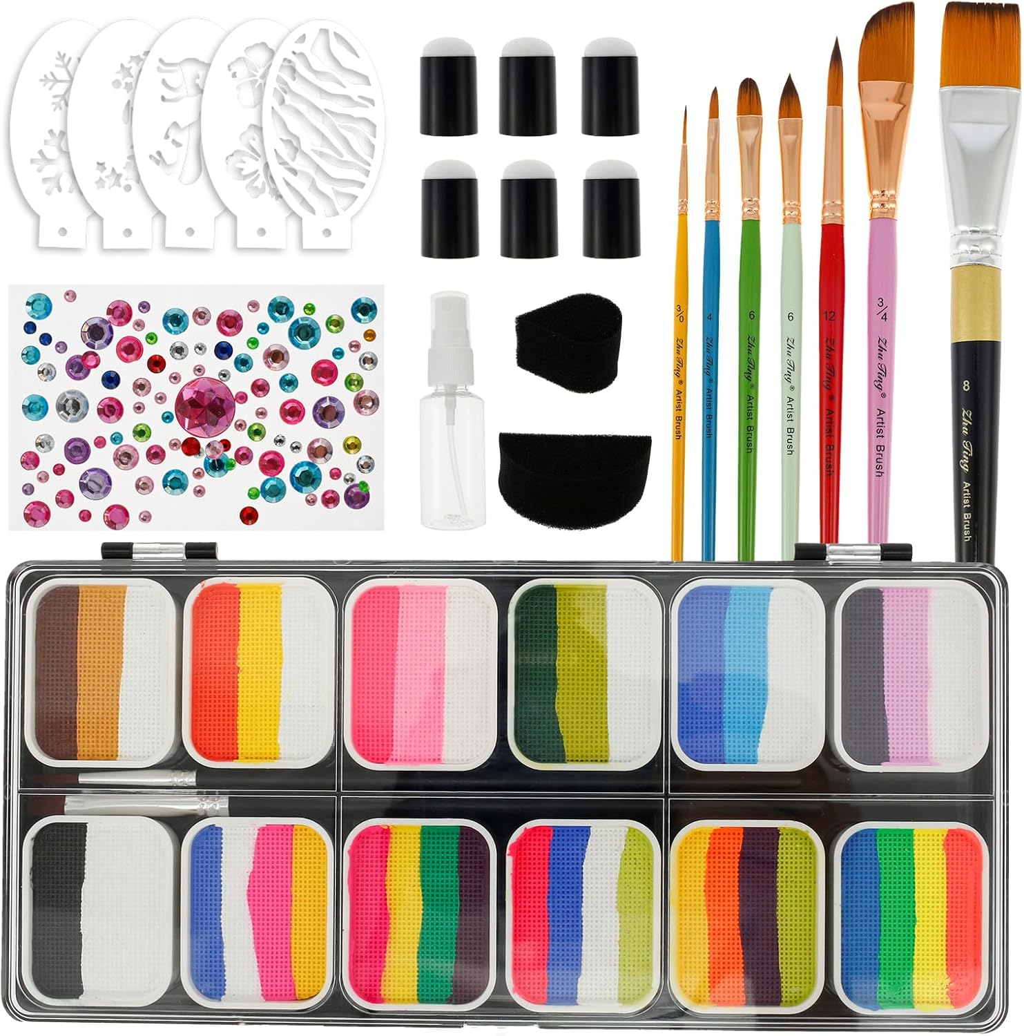 Face Painting Kit for Kids, Multi-Colour Washable Non-Toxic Face Body Paint Set with 7 Brushes,Stencils,Finger Cap,Sponge, Water Based Professional Body Art Face Makeup Palette for Party Cosplay image number 5