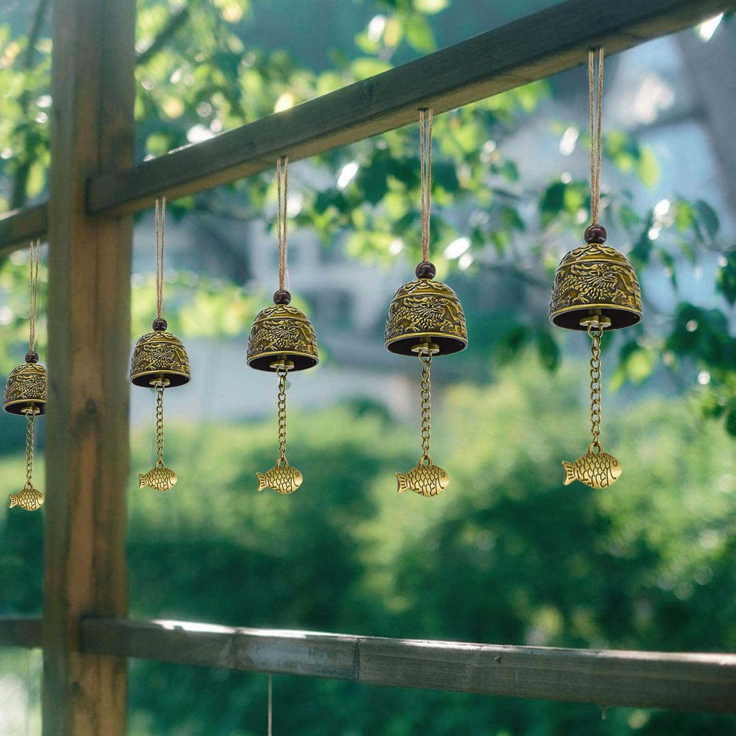 Mrmrkura 4 Pcs Vintage Dragon Fengshui Bell, Brass Bless Wind Chimes for outside Hanging Bell for Good Luck Home Garden Patio Indoor Outdoor Decor image number 5