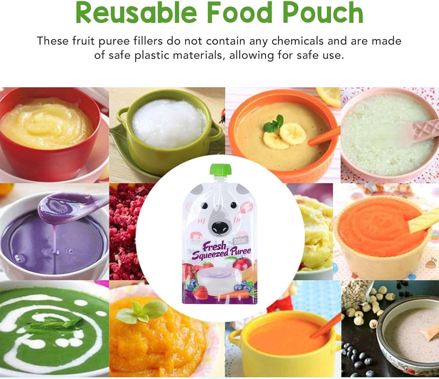 10 Pack Reusable Baby Food Pouches, 200ML Refillable Reusable Squeeze Pouch for Toddlers, Food Safe, Freezer Safe, Washable Baby Food Storage Pouches for Applesauce, Yogurt & Puree image number 4