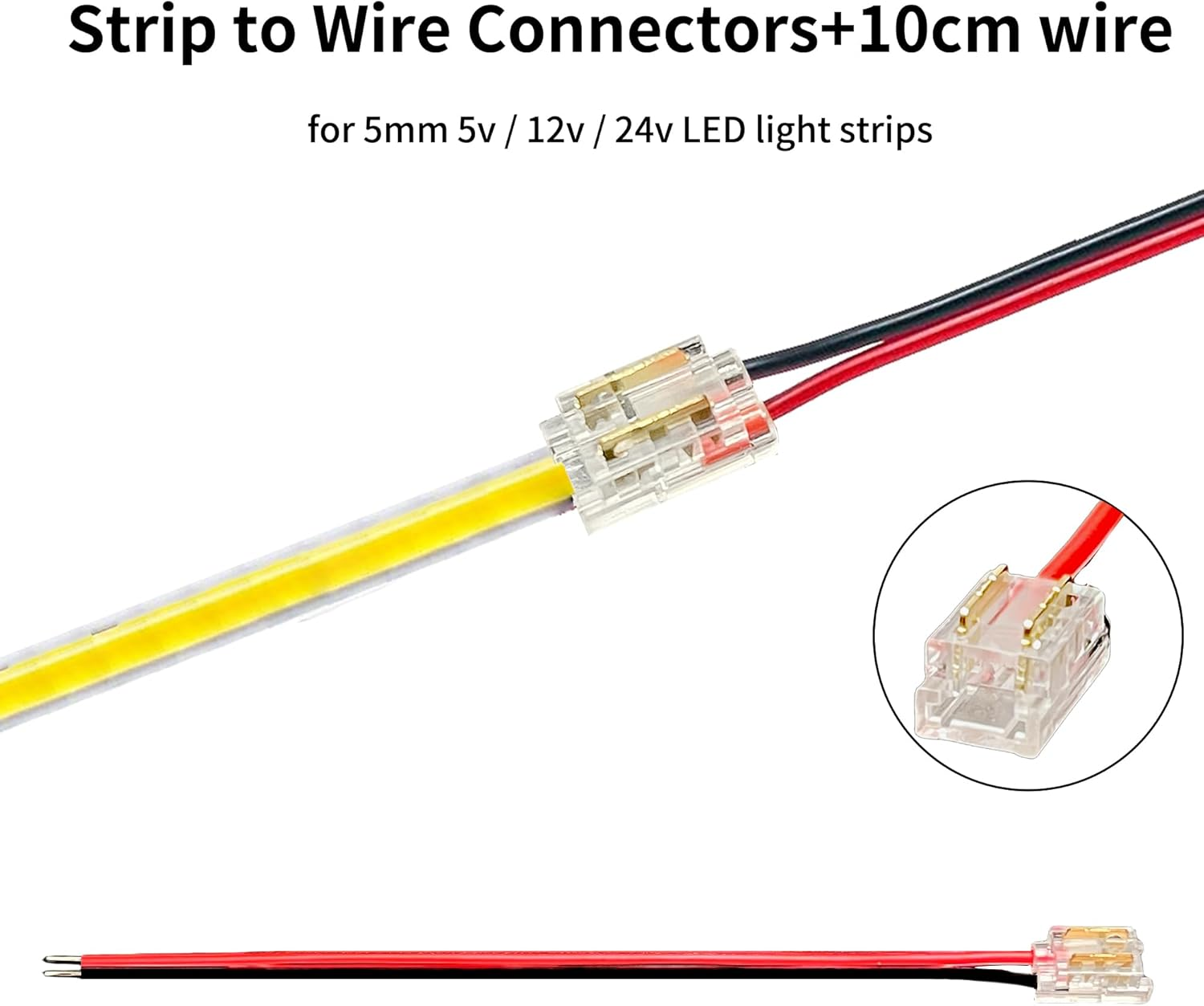 Clearhill 5Mm 2Pin 24PCS Press-In Assembly COB LED Strip Connector Corner Kit,14Pcs Strip to Strip Connectors,6Pcs L-Shape Connectors,4Pcs Strip to Wire +10Cm Cable Connectors,For 5V 12V 24V Strip.
