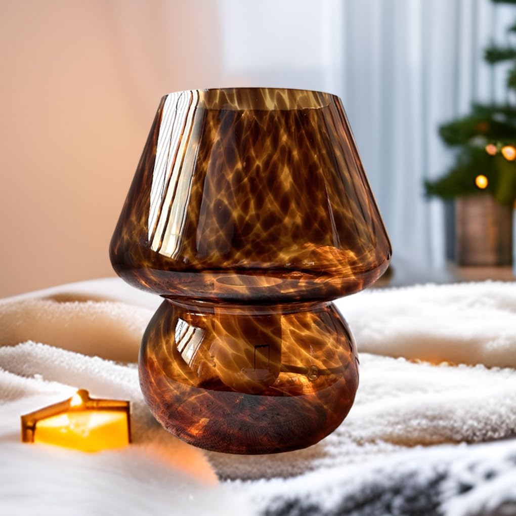 Clora Mushroom Lamp Glass Table Bedside Lamps Translucent Vintage Style Striped Night Light Home Decor (Amber-A) image number 3