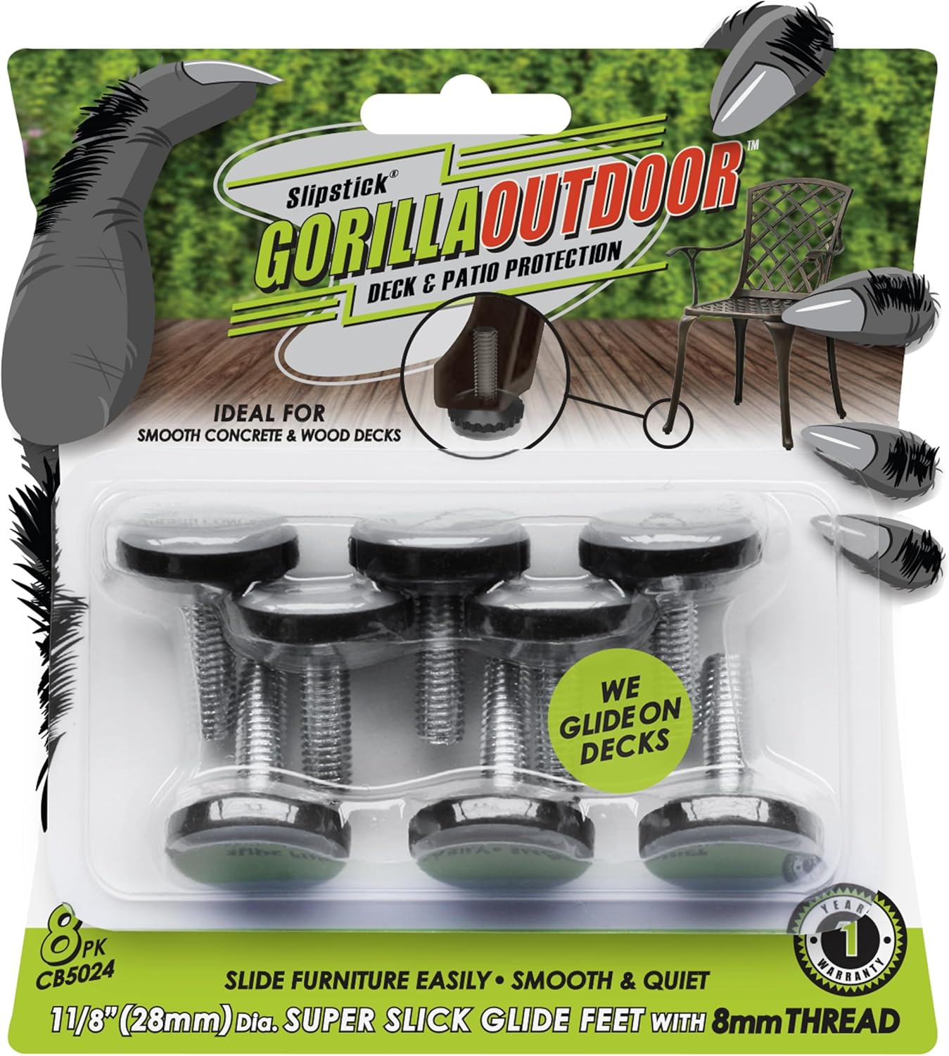 Slipstick Gorilla Outdoor Adjustable Furniture Levelers (8 Pack) Weatherproof Screw in Leg Glides for Chairs, Tables, and Outdoor Furniture Feet, 28Mm Slider Glide, M6 Thread