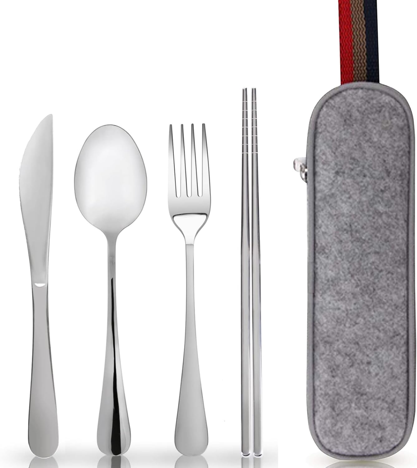 Travel Cutlery Set Portable Cutlery Set Camping Utensils Set Including Knife Fork Spoons Straws Chopsticks Cleaning Brush Reusable Stainless Steel Flatware Set (Sliver) - Rainbow image number 2