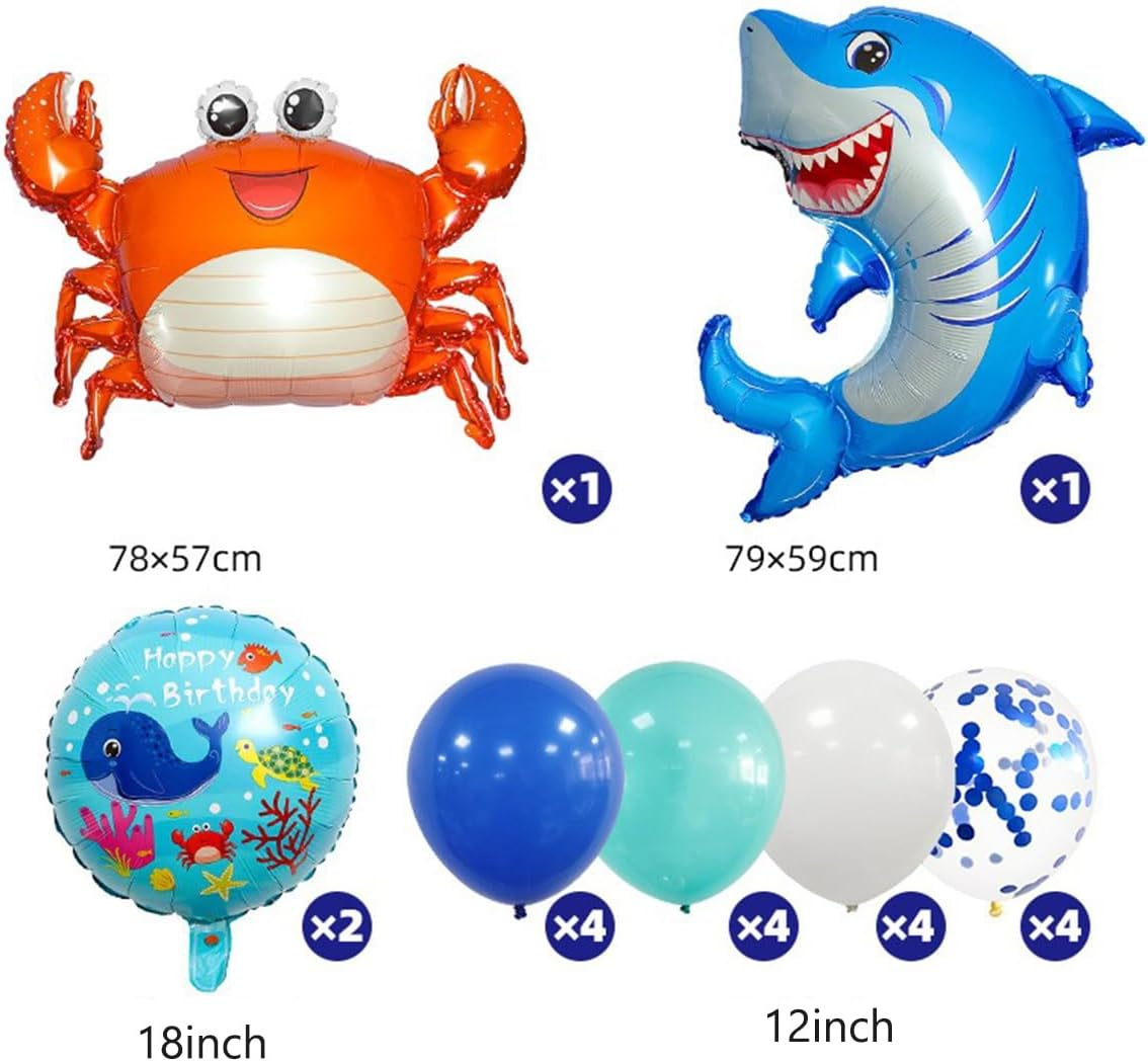 22Pcs Ocean Shark Themed Party Decorations, Blue Shark Balloons, Happy Birthday Balloons, Birthday Party, Undersea Balloons Supply image number 3