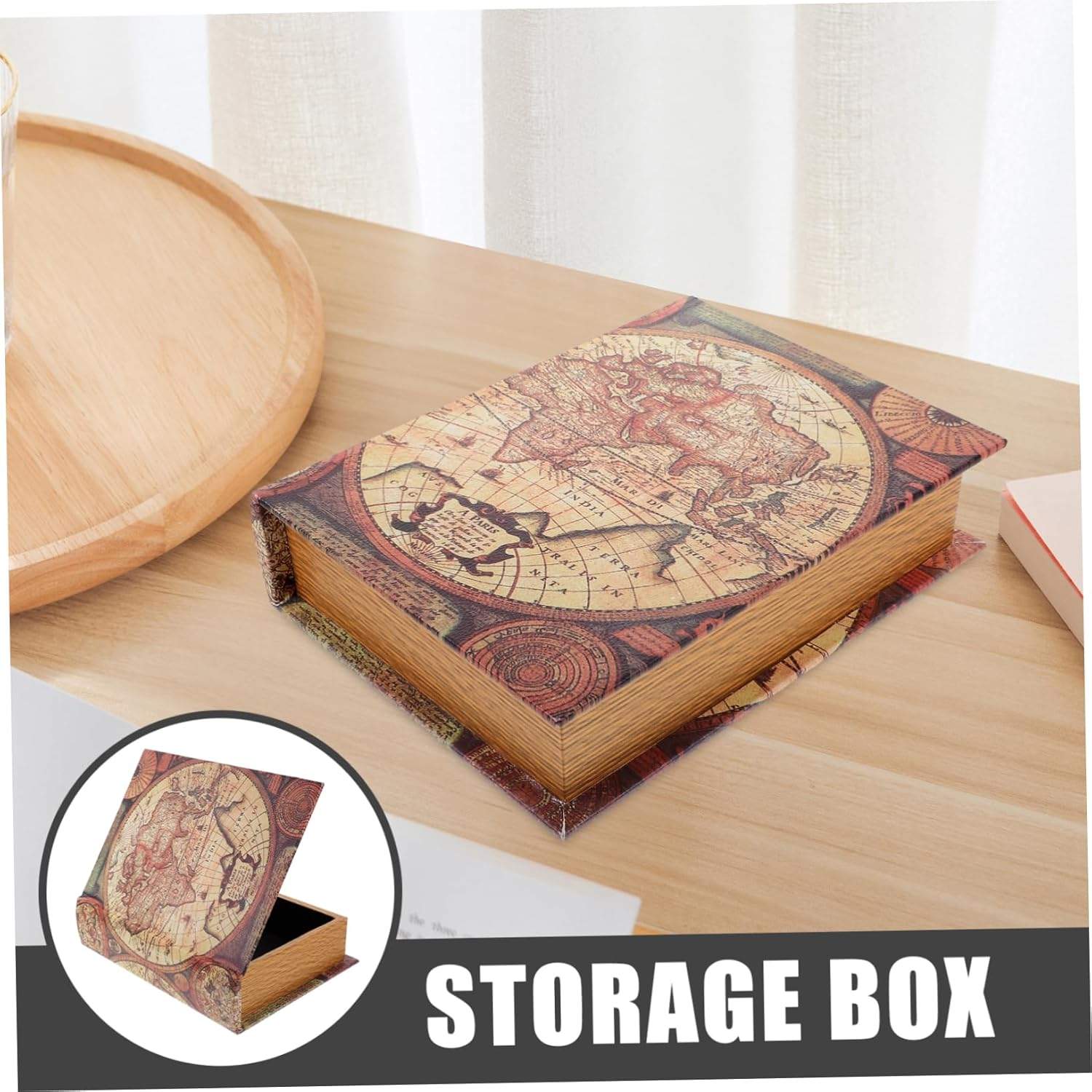 Vintage Rectangular Faux Book Box Medium Size Simulation Book Storage Box Antique Map Design Decorative Home Ornament Trinket Case image number 5