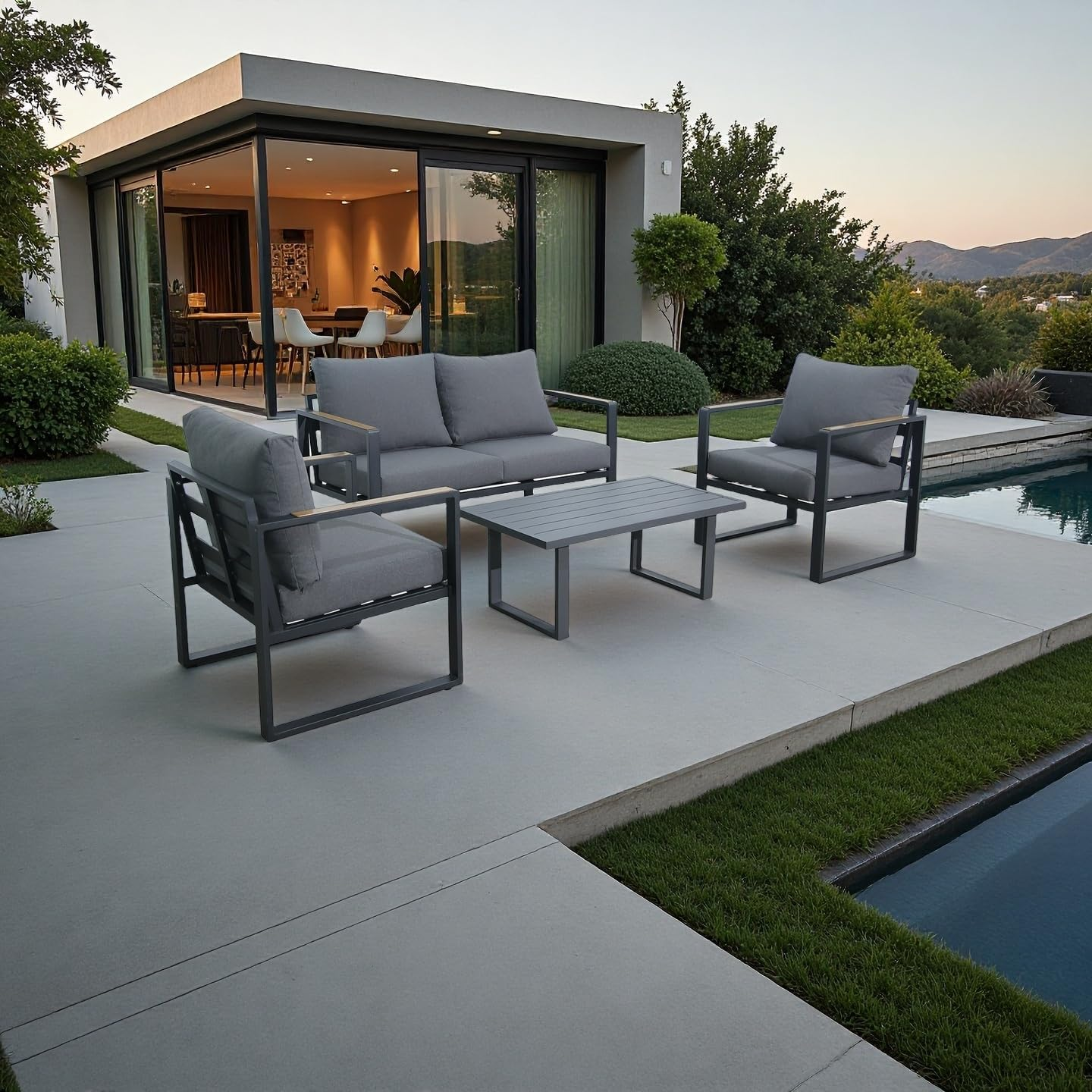 Patio Furniture Set 2 Seater Outdoor Sofa with Coffee Table, Aluminium 2 Piece Lounge Sectional Patio Conversation Sets with Washable Thick Cushion for Porch, Balcony, Garden image number 6