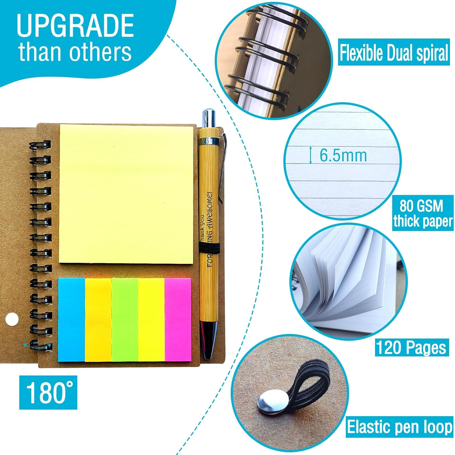 4 Sets Employee Appreciation Lnspirational Spiral Journal with Sticky Note Notepad Motivational Bamboo Ballpoint Pen Bulk for Nurse Teacher Student Coworker Thank You Present - Brown image number 5