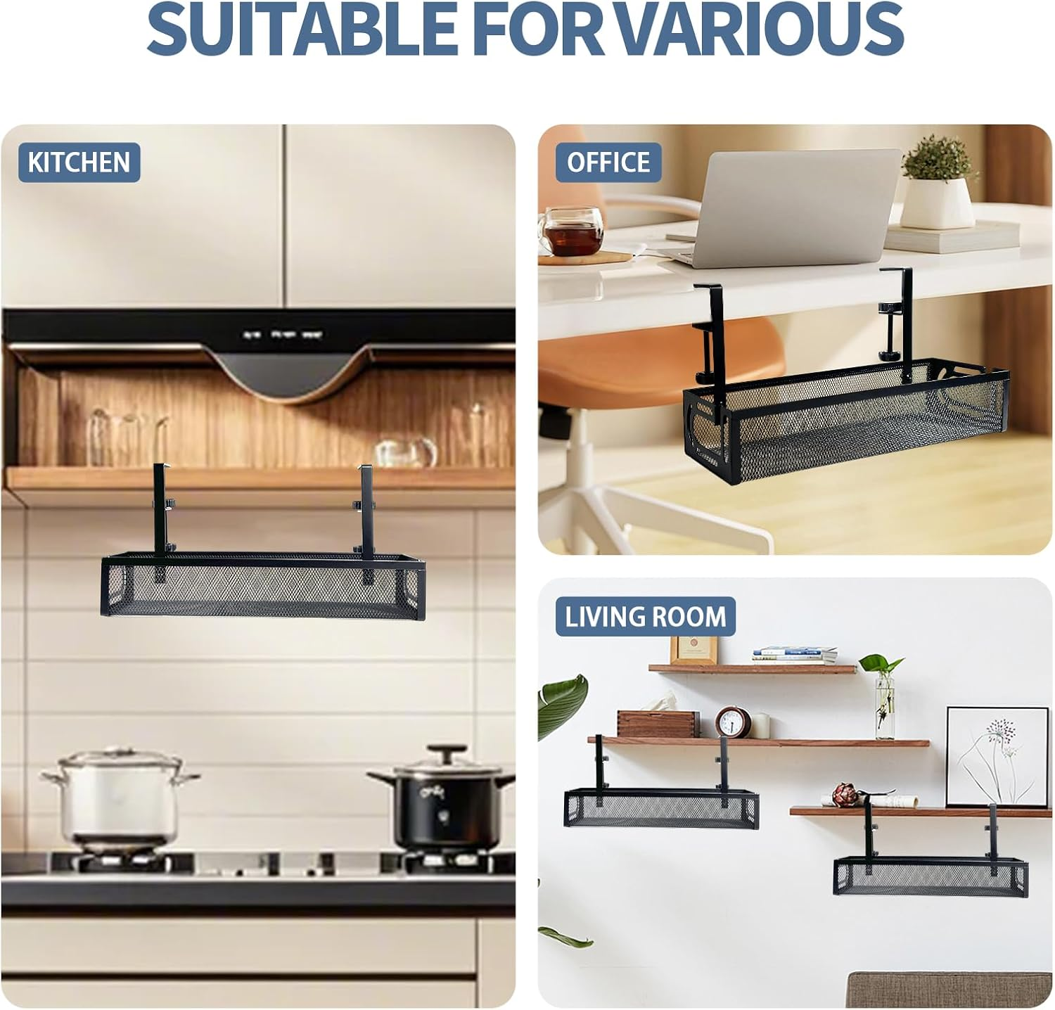 Under Desk Cable Management Tray No Drill, Metal Mesh with Clamp Mount, 2 Hole Wire and Cord Organizer for Home Office Standing Desk, Black image number 6