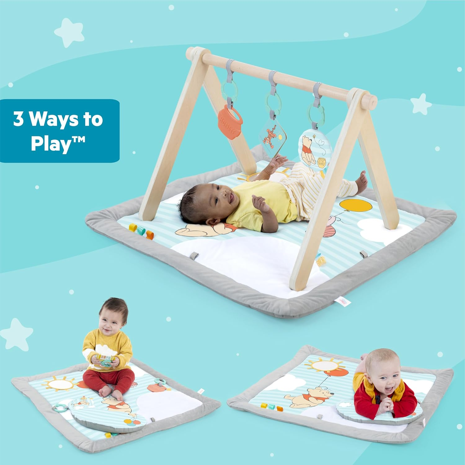 Disney Winnie the Pooh Once upon a Tummy Time Baby Activity Mat with Wooden Toy Bar, Blue, Newborn+ by Bright Starts