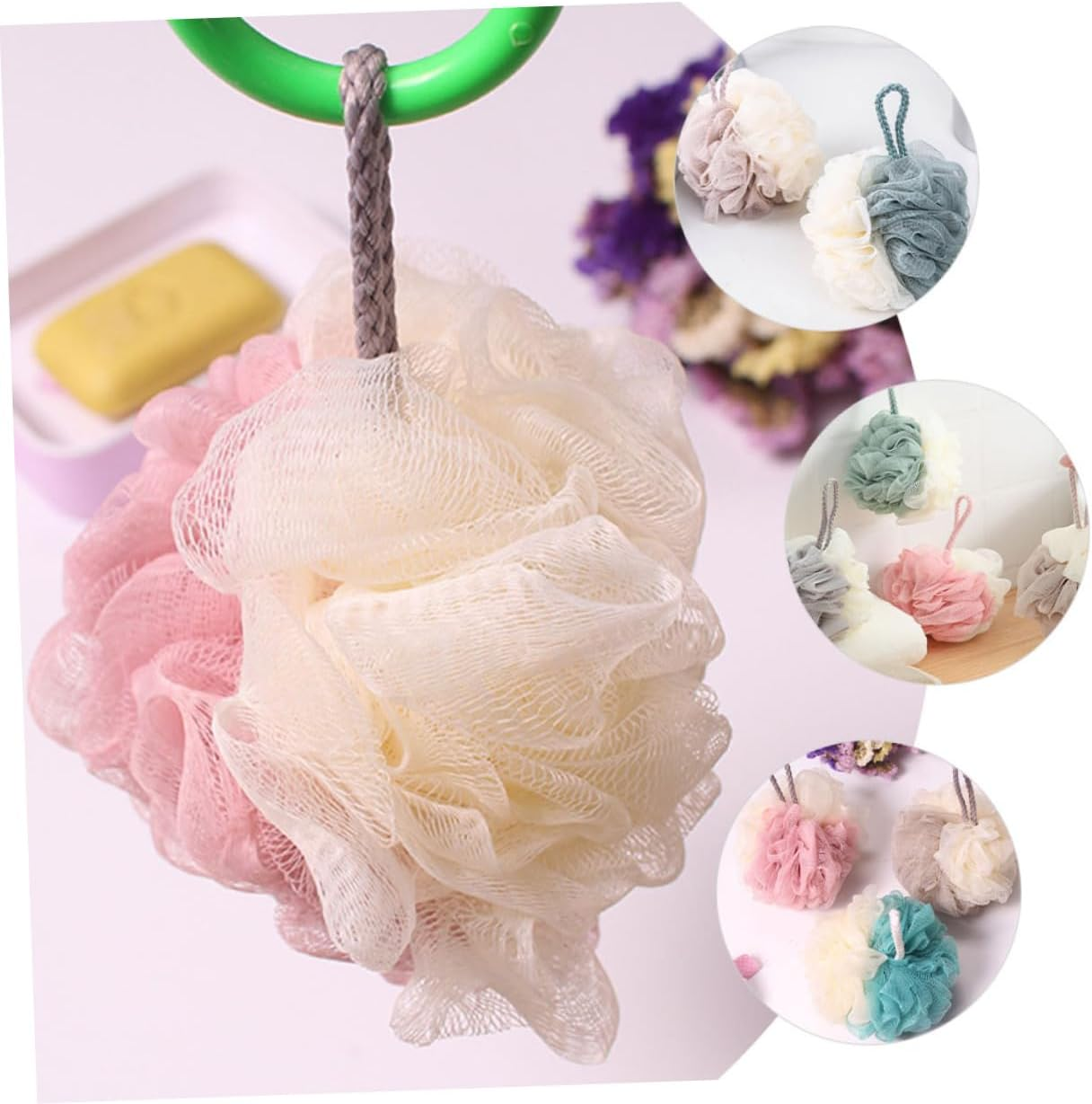 LRXIYODE 4Pcs Two-Tone Bath Loofah Shower Balls Skin Body Scrubbers Portable Bath Sponges for Household Use Rich Bubble Exfoliating Shower Loofah for Washing image number 6