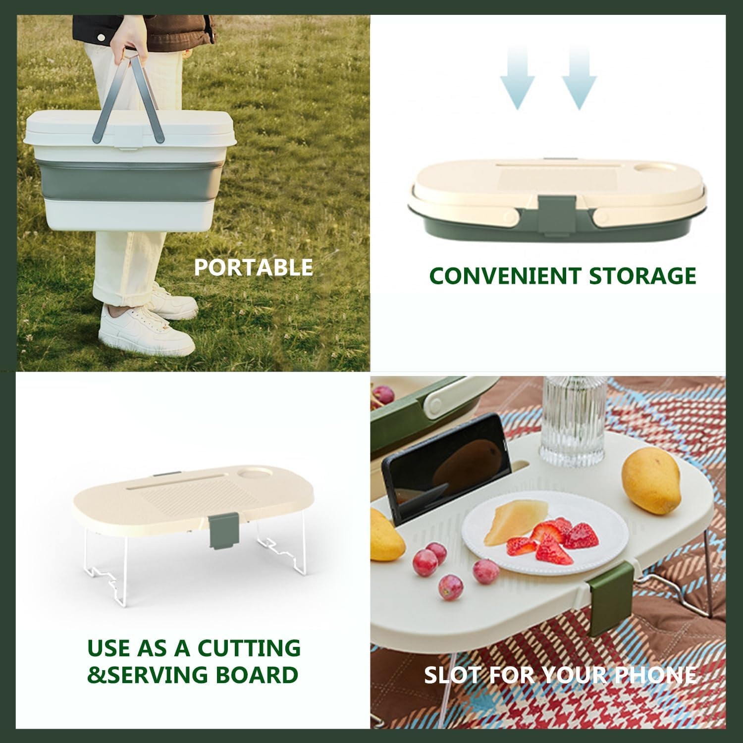 Hopenest Collapsible Picnic Basket with Table Waterproof, Portable, Foldable Basket with Handles for Family Travel, Beach, Camping, and BBQ (Green) image number 3