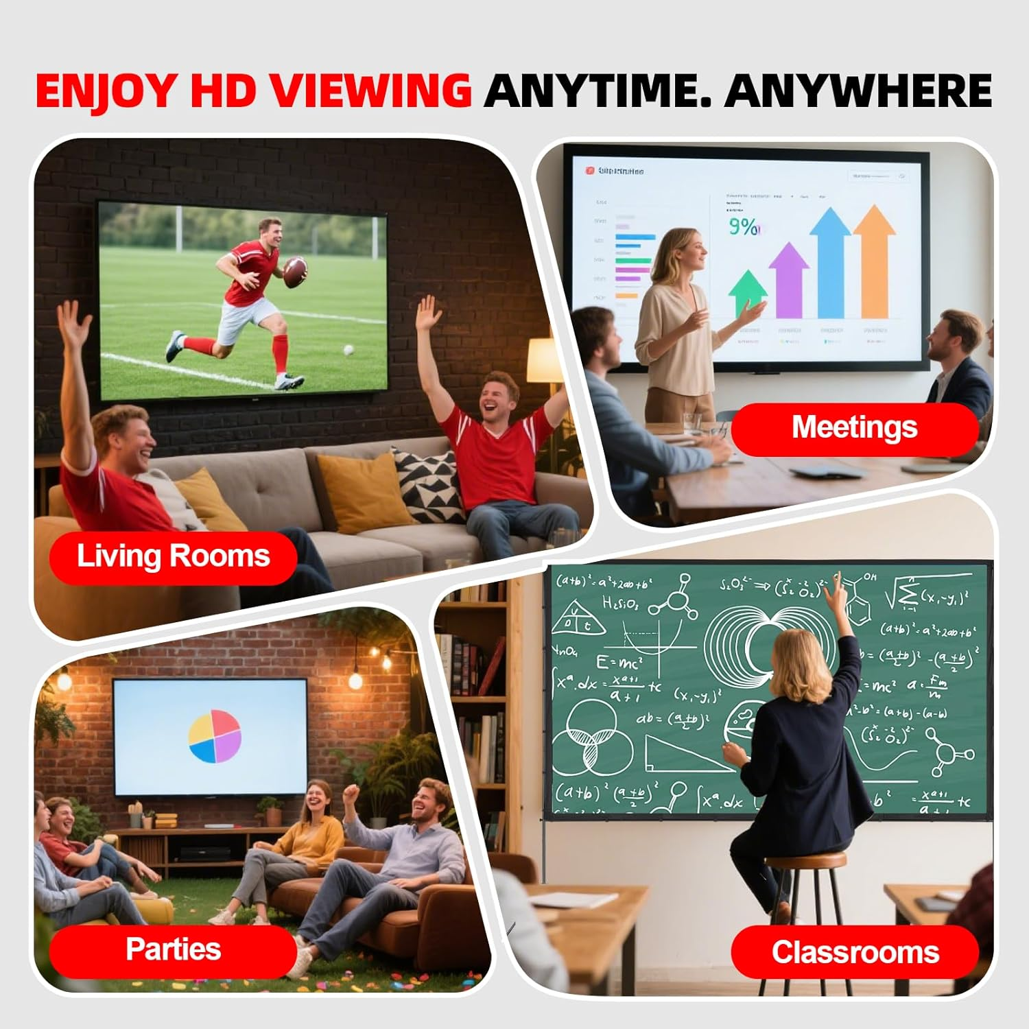 SOFHLILI Projector Screen with Stand,100 Inch 16:9 4K 1080 HD Outdoor Movie Screen with Stand,Wrinkle-Free Projection Screen with Tripods and Carry Bag,For Home Theater Cinema Backyard Movie Night image number 3