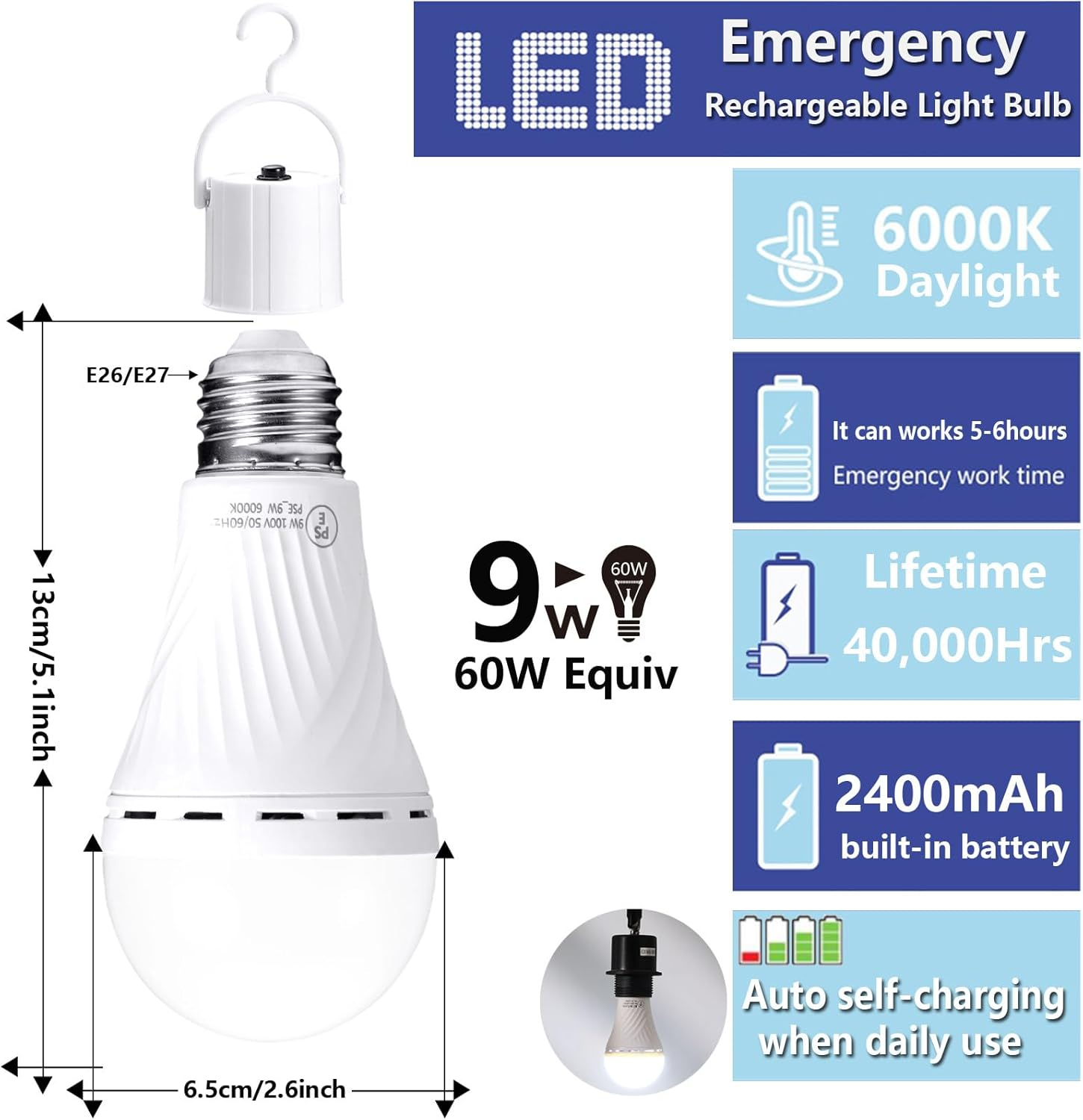Danyee Emergency Rechargeable Light Bulb 2400Mah 9W 6000K 60W Equivalent LED Light Bulbs (Wihte 2Pack)