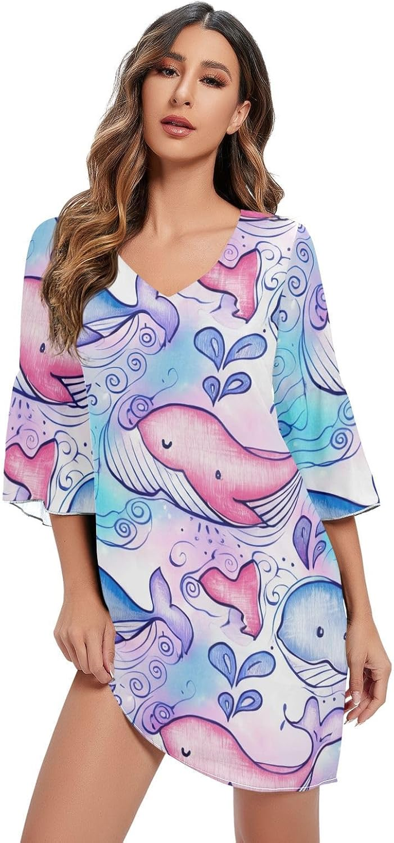 Cute Cartoon Whales Casual V Neck Dress Printed Line Maternity Dress S-XXL image number 3